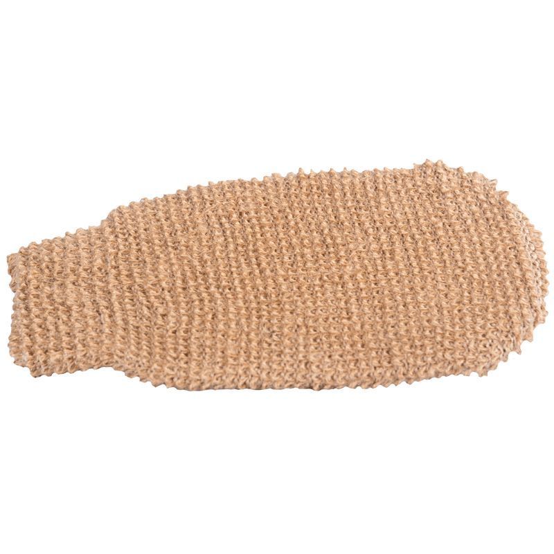 Gant de massage beige en matériau rugueux. Forme de gant avec surface texturée.