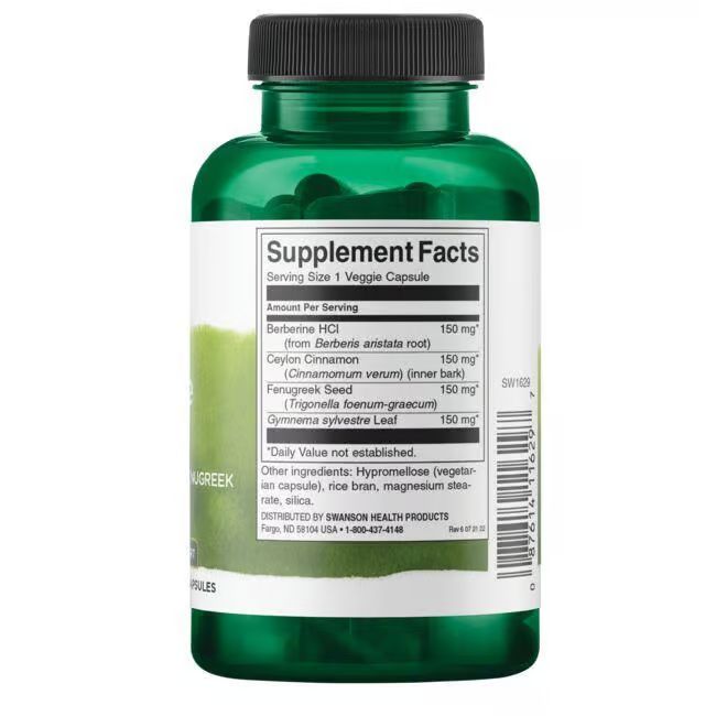 Achterkant van de groene fles. Opschrift: Supplement Facts. Ingrediënten: berberine, kaneel, fenegriek, gymnema. Barcode.