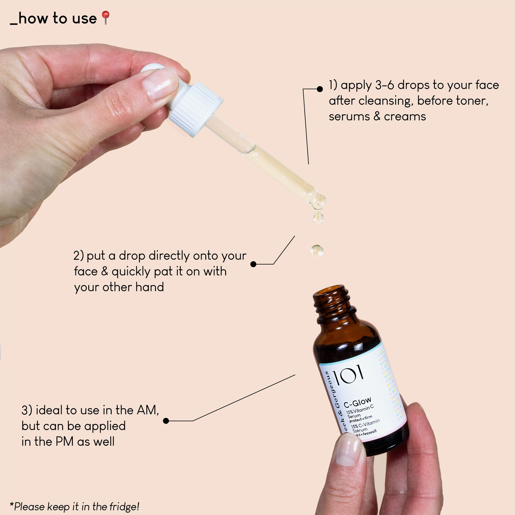 Hand houdt fles en pipet vast. Label toont "C-Glow" en "15% Vitamin C Serum".