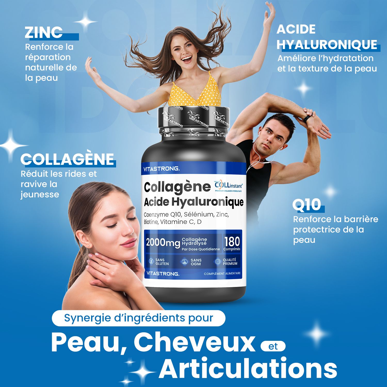 Vitastrong Kollagen + Hyaluronsäure. 180 tabletten. Vrouw houdt tablet vast. Gemakkelijk te slikken tabletten.