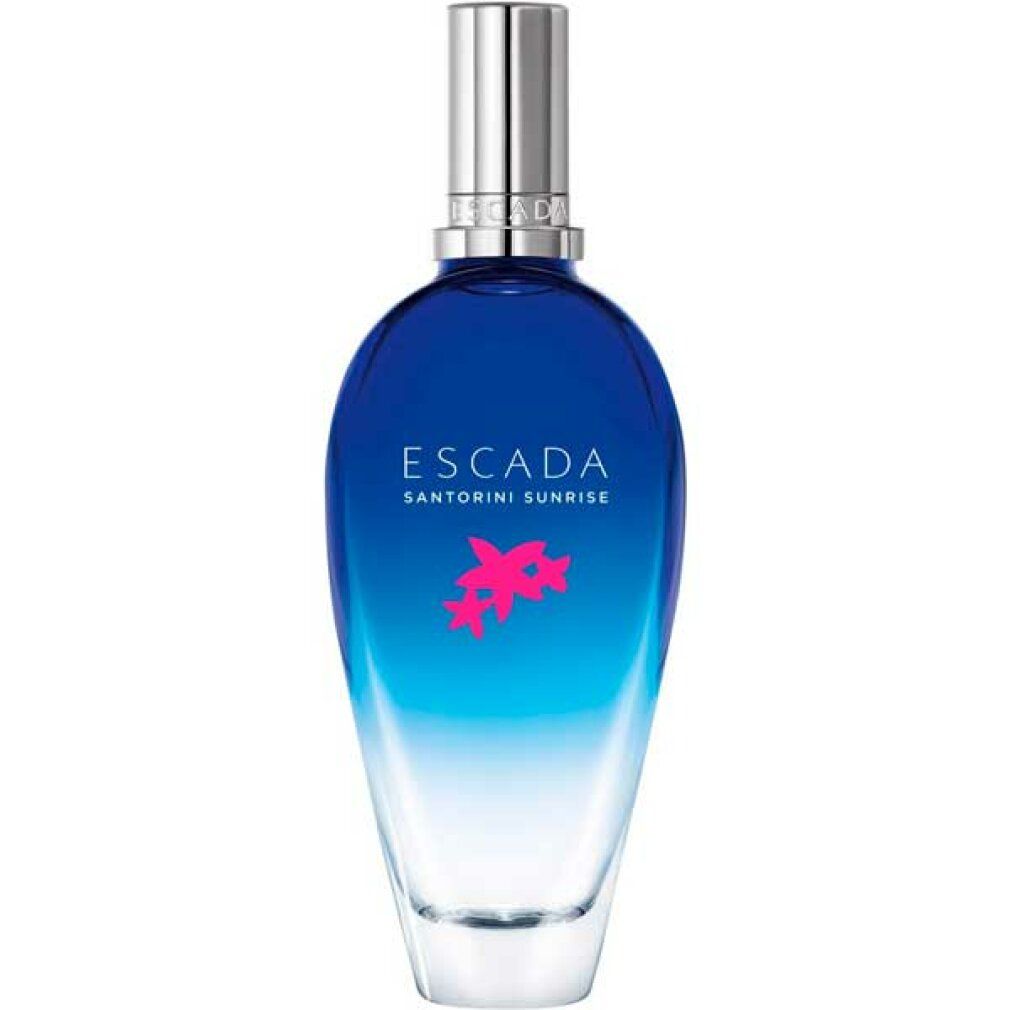 Blauwe transparante fles met zilveren dop. Opschrift: ESCADA SANTORINI SUNRISE.