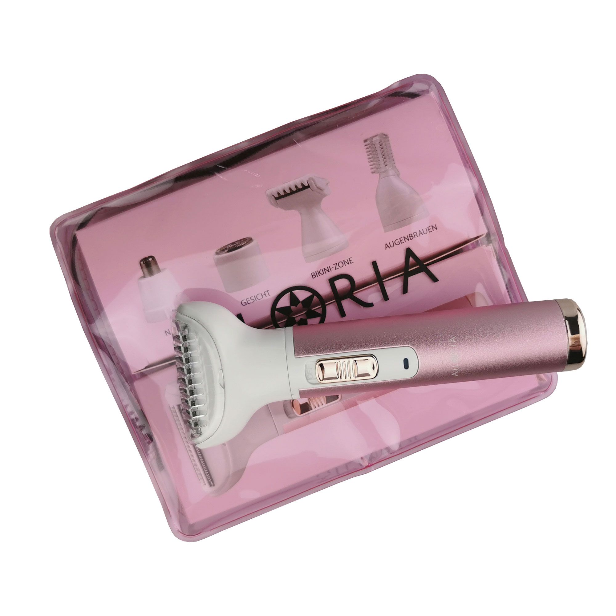 Rasoir dans une trousse rose. Têtes représentées. Logo AILORIA. Inscriptions: ZONE BIKINI, SOURCILS, VISAGE. Trousse transparente.