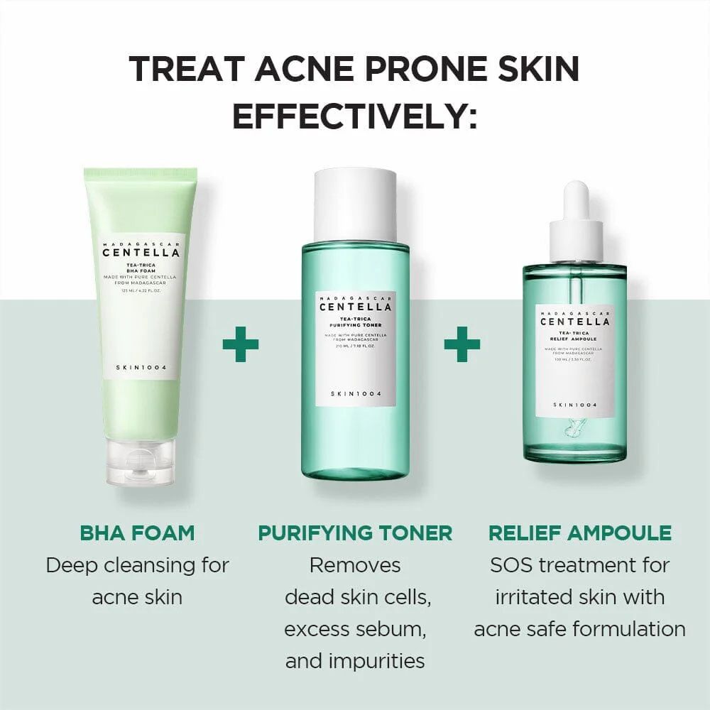Drie producten: BHA FOAM, PURIFYING TONER, RELIEF AMPULE. Tekst: TREAT ACNE PRONE SKIN EFFECTIVELY. Productnamen.