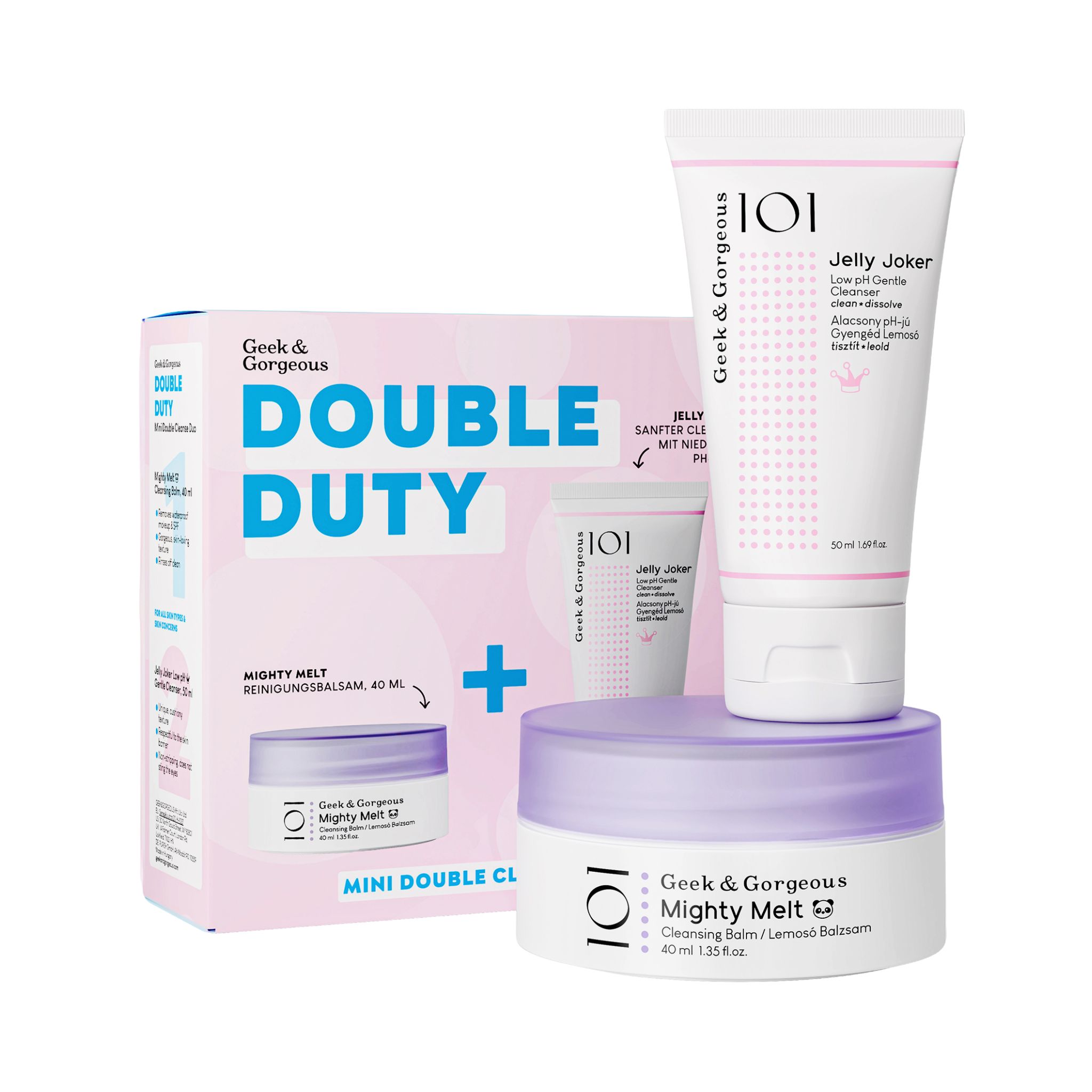 Geek & Gorgeous Double Duty set. Bevat reinigingsbalsem, gezichtsreiniger en Jelly Joker. Roze-witte verpakking met productnamen.