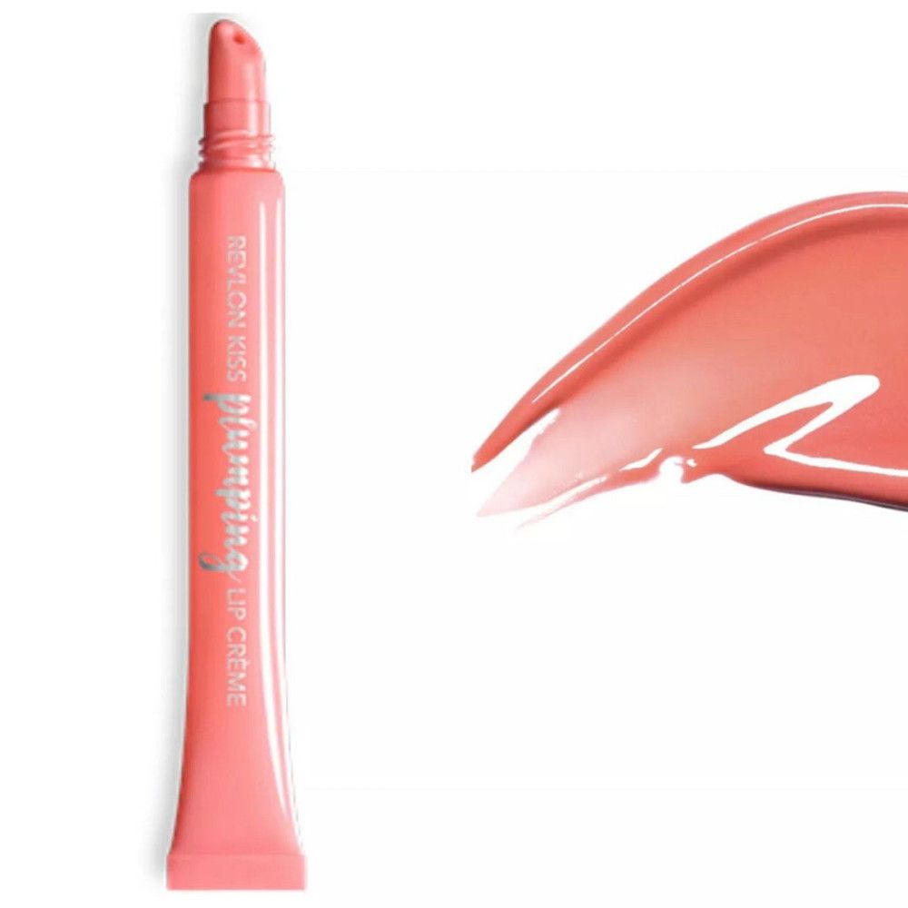 Revlon Kiss Plumping Lip Crème tube en kleurensample. Roze tube met tekst. Roze kleurensample.