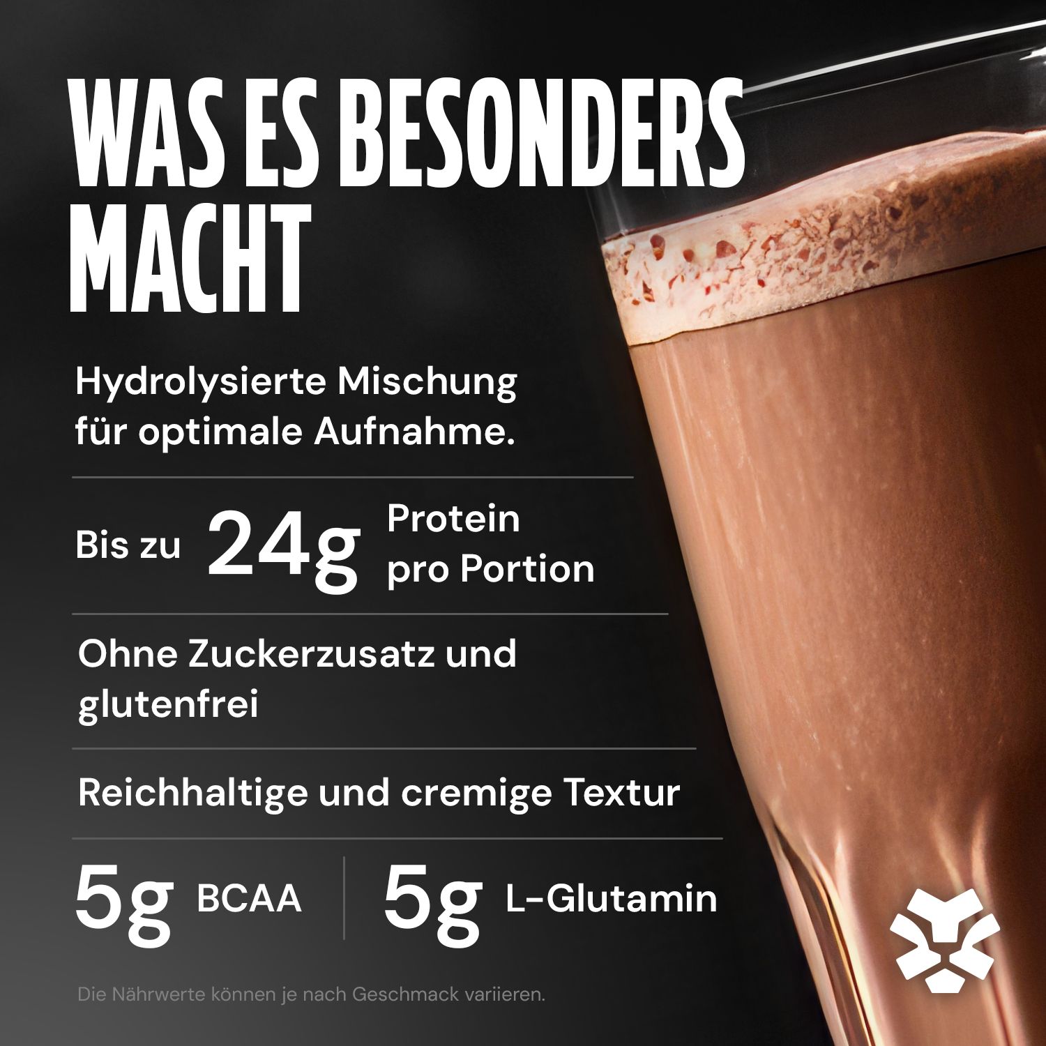 Verre de Polleo 1st Whey Protein Shake, riche en protéines et BCAA.