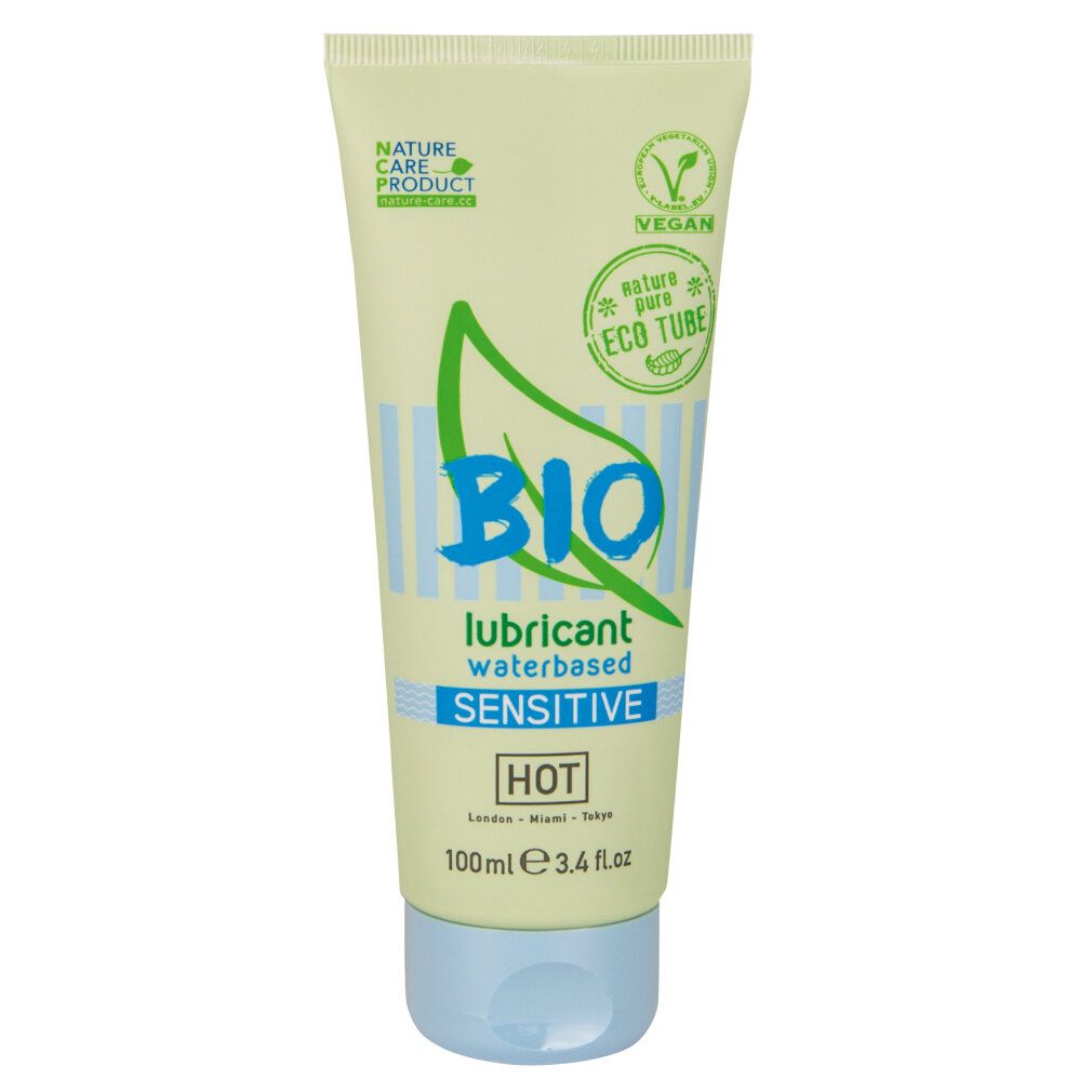 BIO Sensitive glijmiddel, waterbasis, 100ml tube. Blad- en golfpatroon.