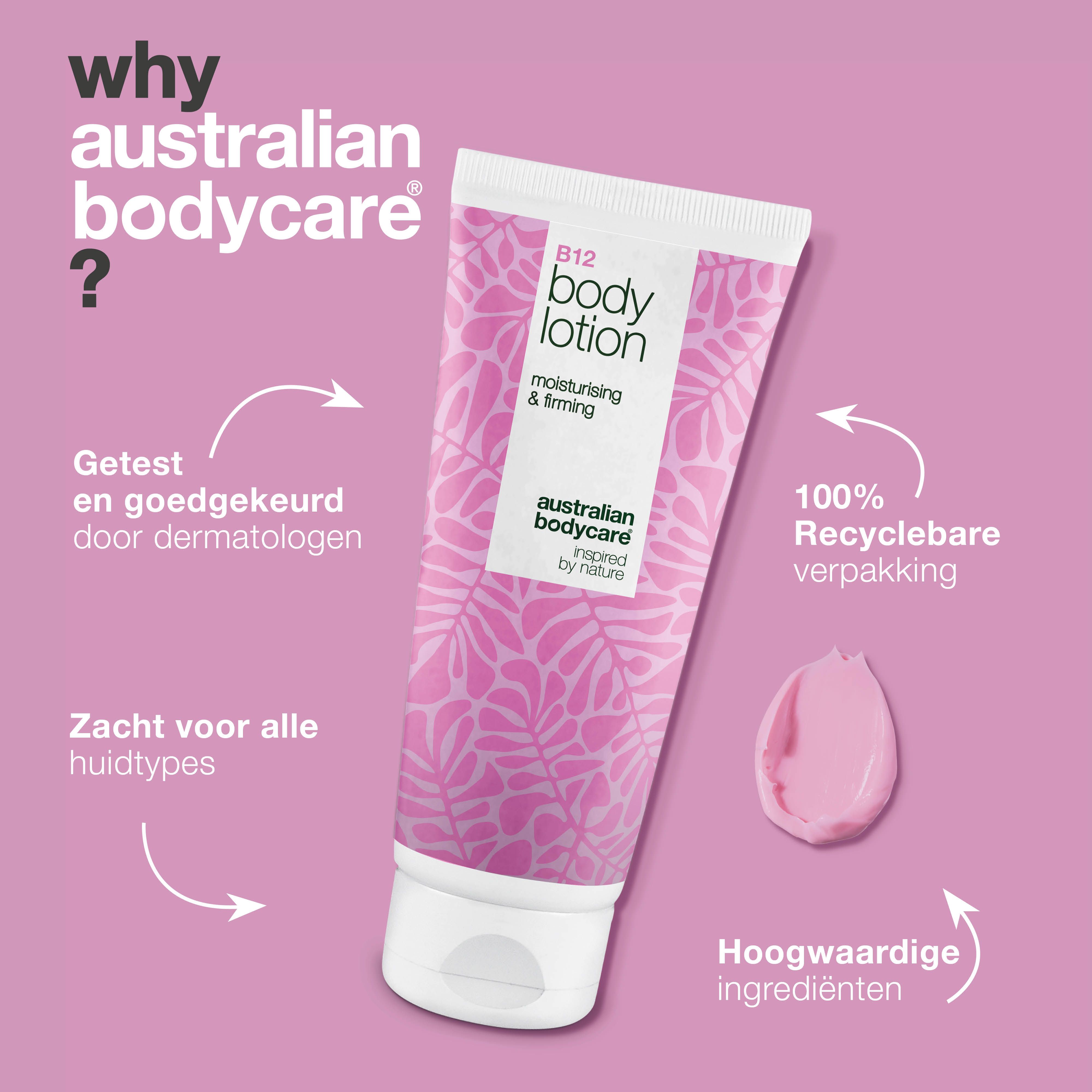 B12 Body Lotion tube. Tekst: Australian Bodycare. Waarom? Getest, 100% recyclebaar, zacht, hoogwaardige ingrediënten. Roze crème.