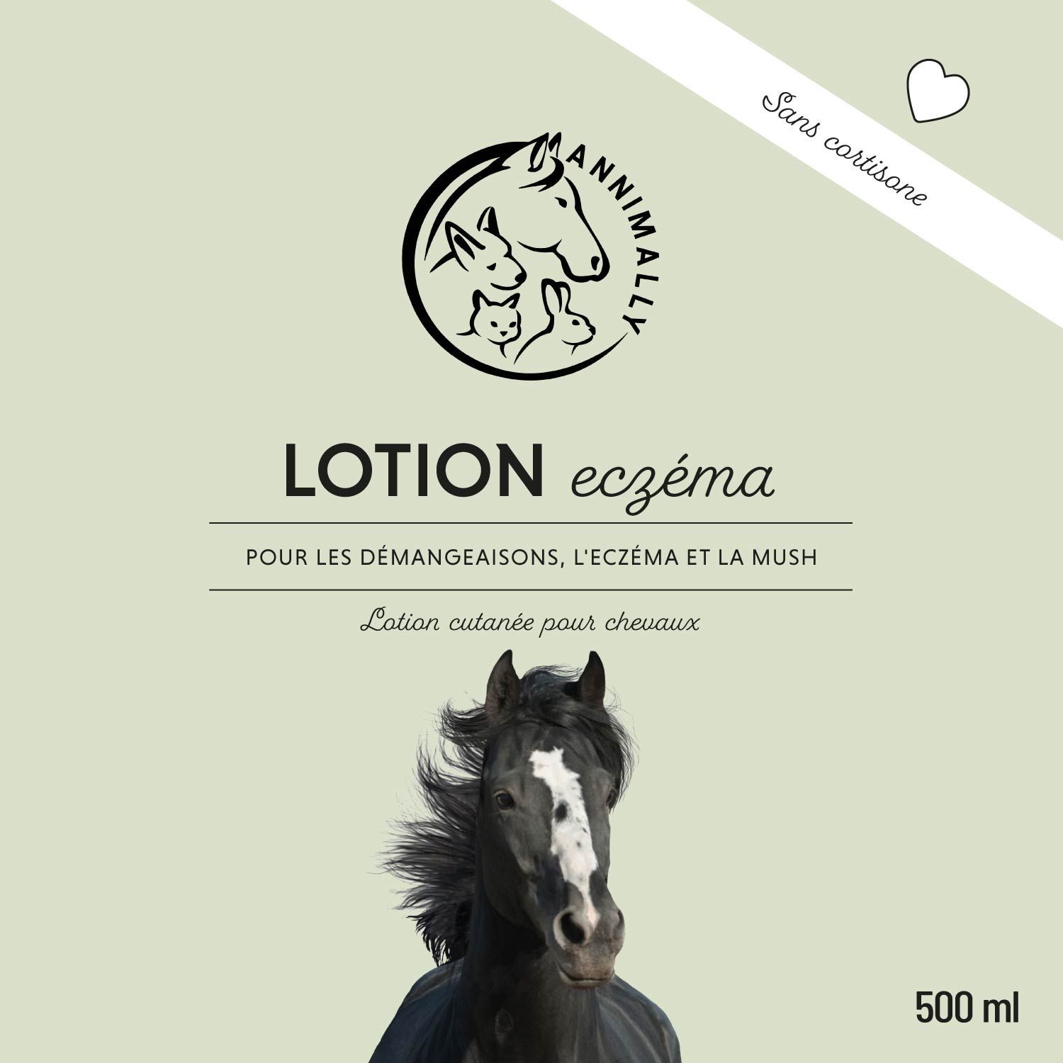 Étiquette du produit avec logo, nom du produit et texte. Image d'une tête de cheval. Contenu : 500 ml.