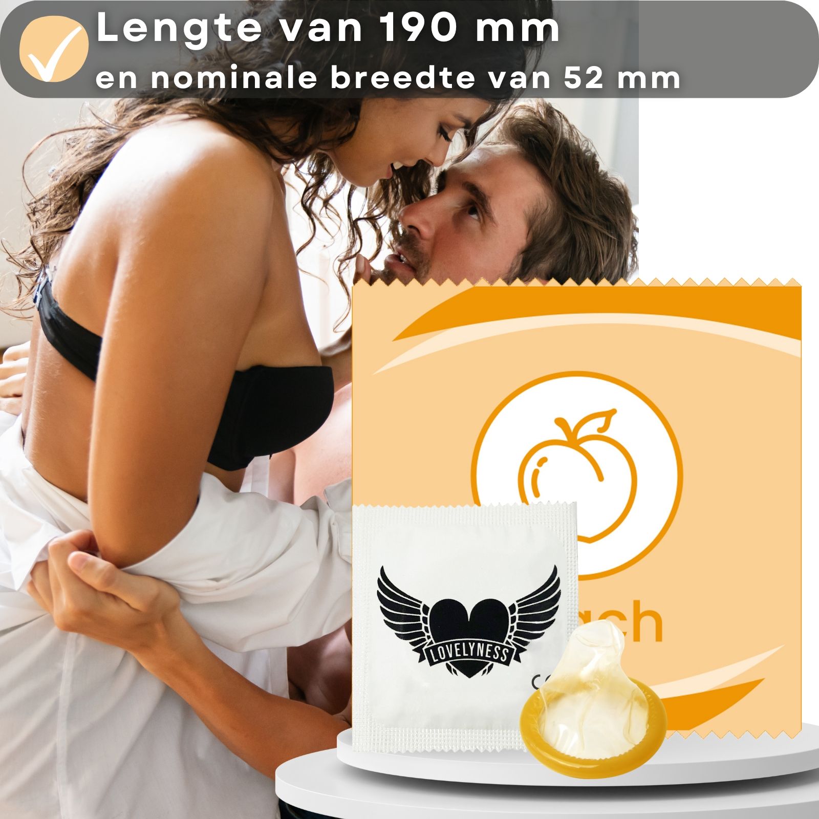 Condoom met logo met vleugels en hart. Lengte 190mm, nominale breedte 52mm. Perziksmaak.