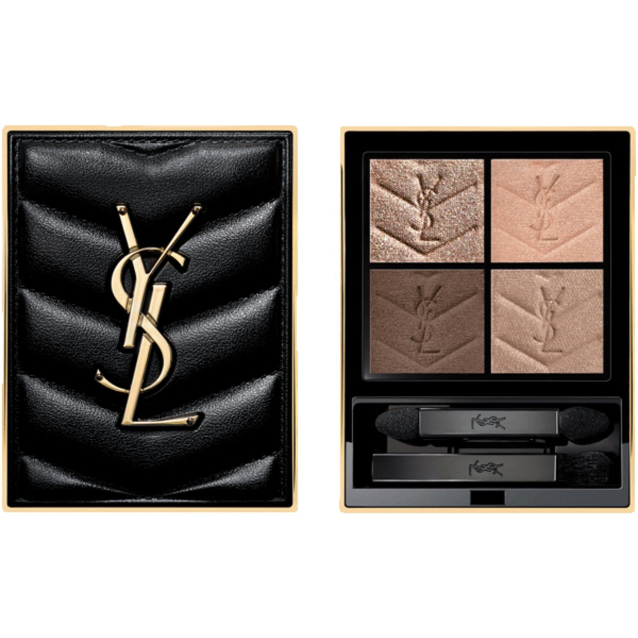 Yves Saint Laurent Couture Mini Clutch, zwart met gouden logo. Open: oogschaduwpalet met vier tinten en twee applicators.