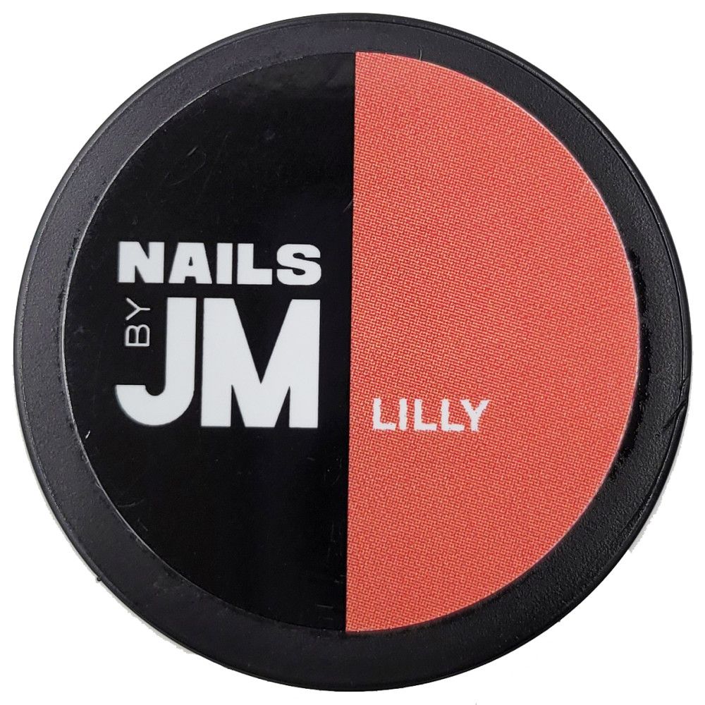 Contenant rond, divisé en noir et corail. "NAILS BY JM" en blanc sur noir. "LILLY" en blanc sur corail.