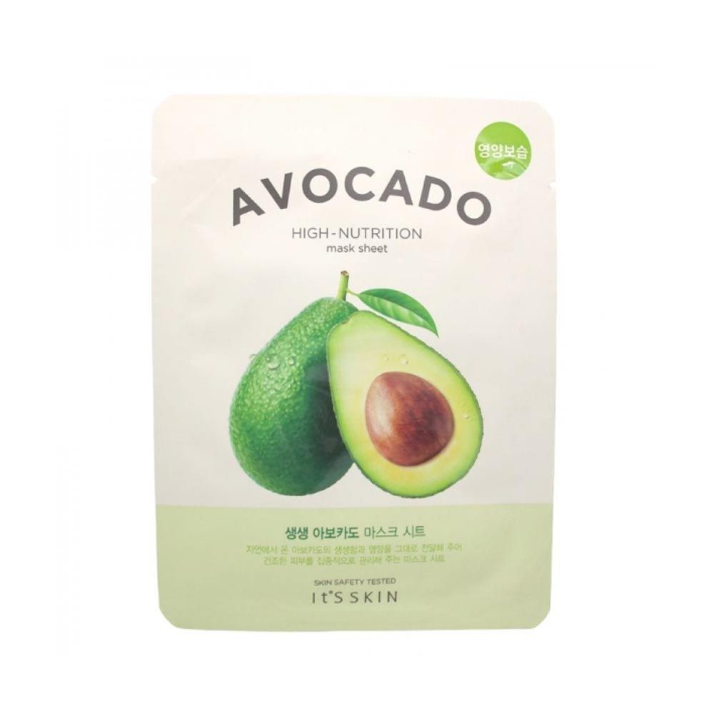 Gezichtsmasker met avocado-afbeelding. Tekst: Avocado, High-Nutrition, Mask Sheet. Merk: It's Skin. Groen-witte verpakking met avocado-illustratie.