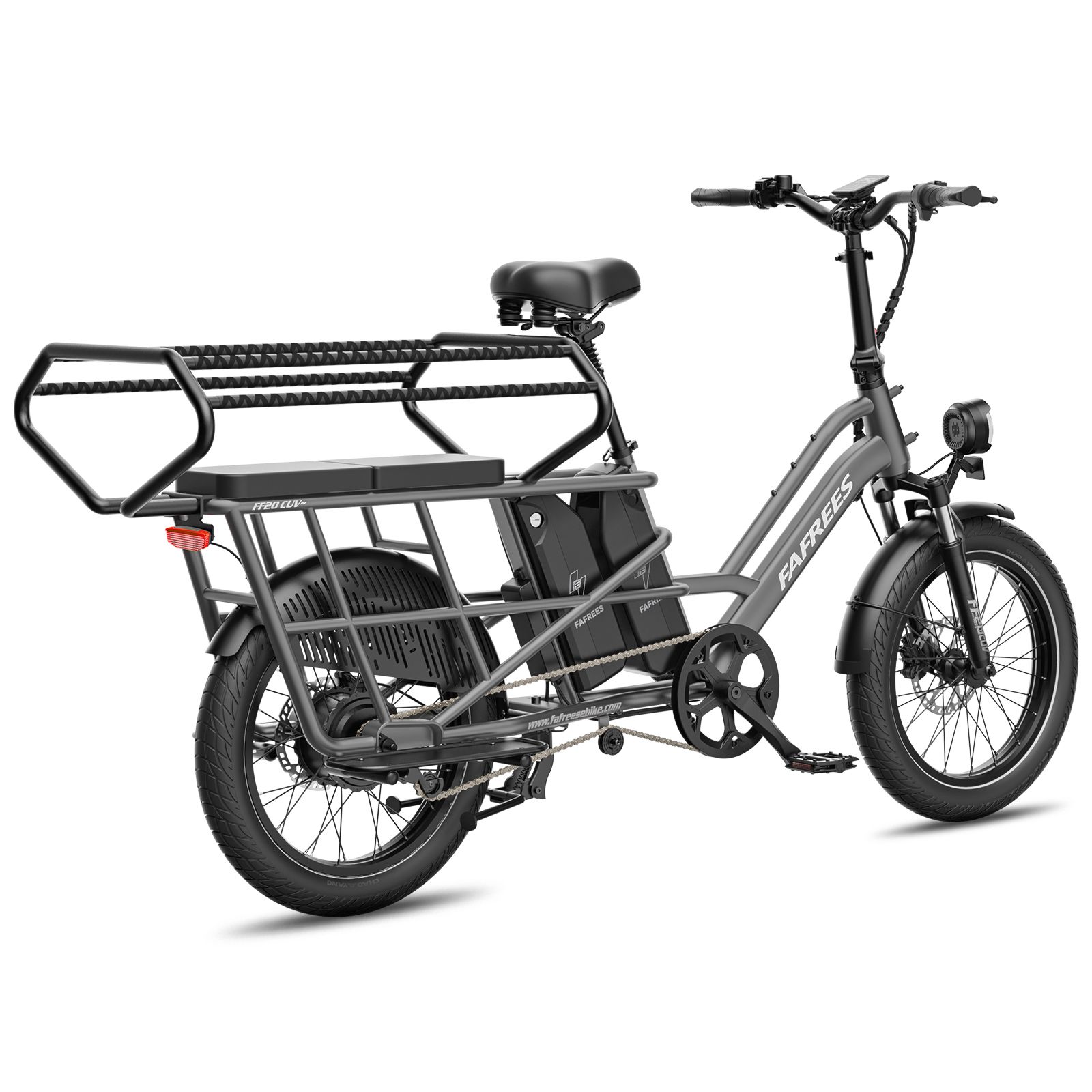 Grijze e-bike, achteruitzicht, met grote bagagedrager achter en twee accu's.