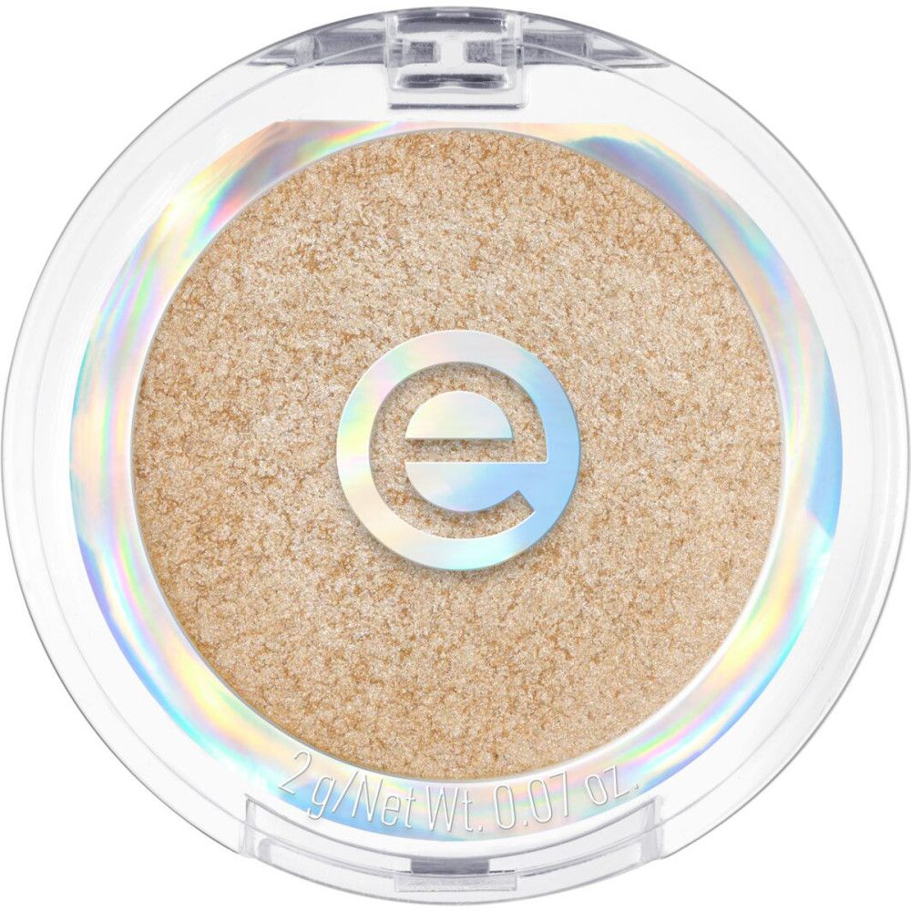 Fard à paupières doré rond dans un emballage transparent. Marque "e" au centre. Bord holographique. 2 g/0.07 oz.