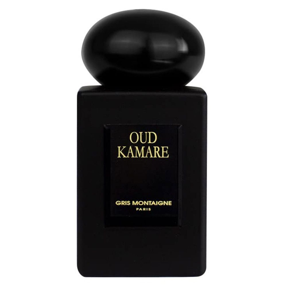 Donkergrijze fles met zwarte dop. Opschrift "Oud Kamare" en "Gris Montaigne Paris".