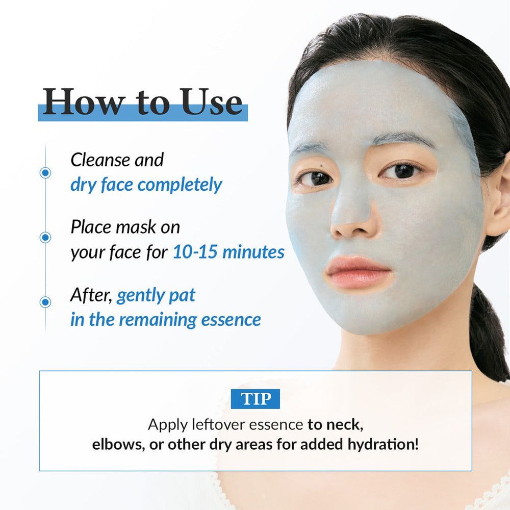 Gebruiksinstructies voor een blauw sheetmasker.