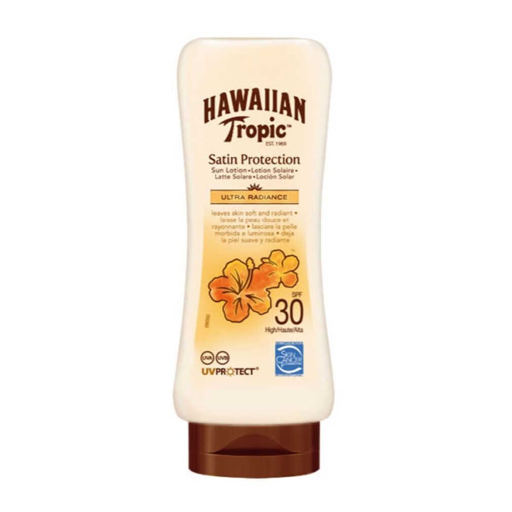 Flacon Hawaiian Tropic Satin Protection Protection Solaire Ultra Radiance SPF 30 avec motif d'hibiscus.