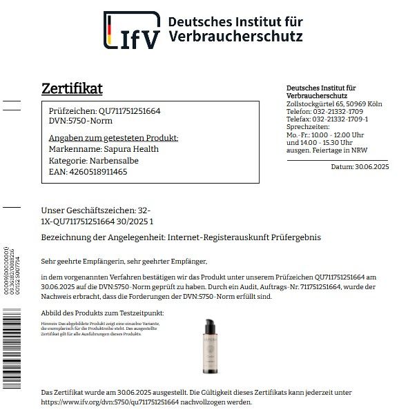 Certificaat van het Duitse Instituut voor Consumentenbescherming voor littekencrème.
