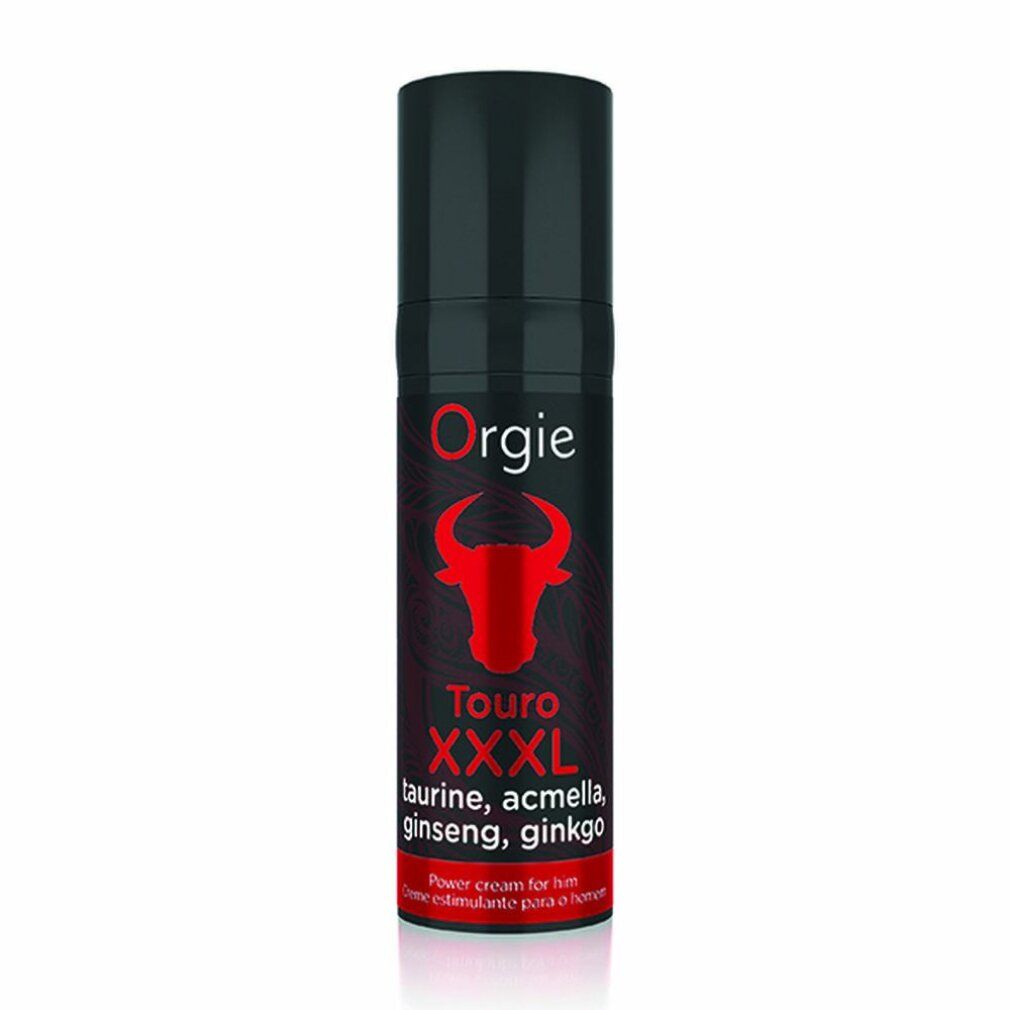 Cilindrische fles met rode stierenkop en productnaam. Tekst: Touro XXL, ingrediënten. Merk: Orgie.