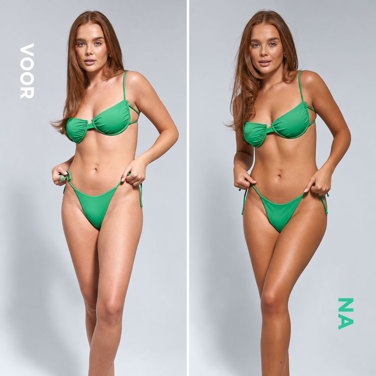 Voor-en-na vergelijking van een vrouw met Bondi Sands Technocolor Emerald.