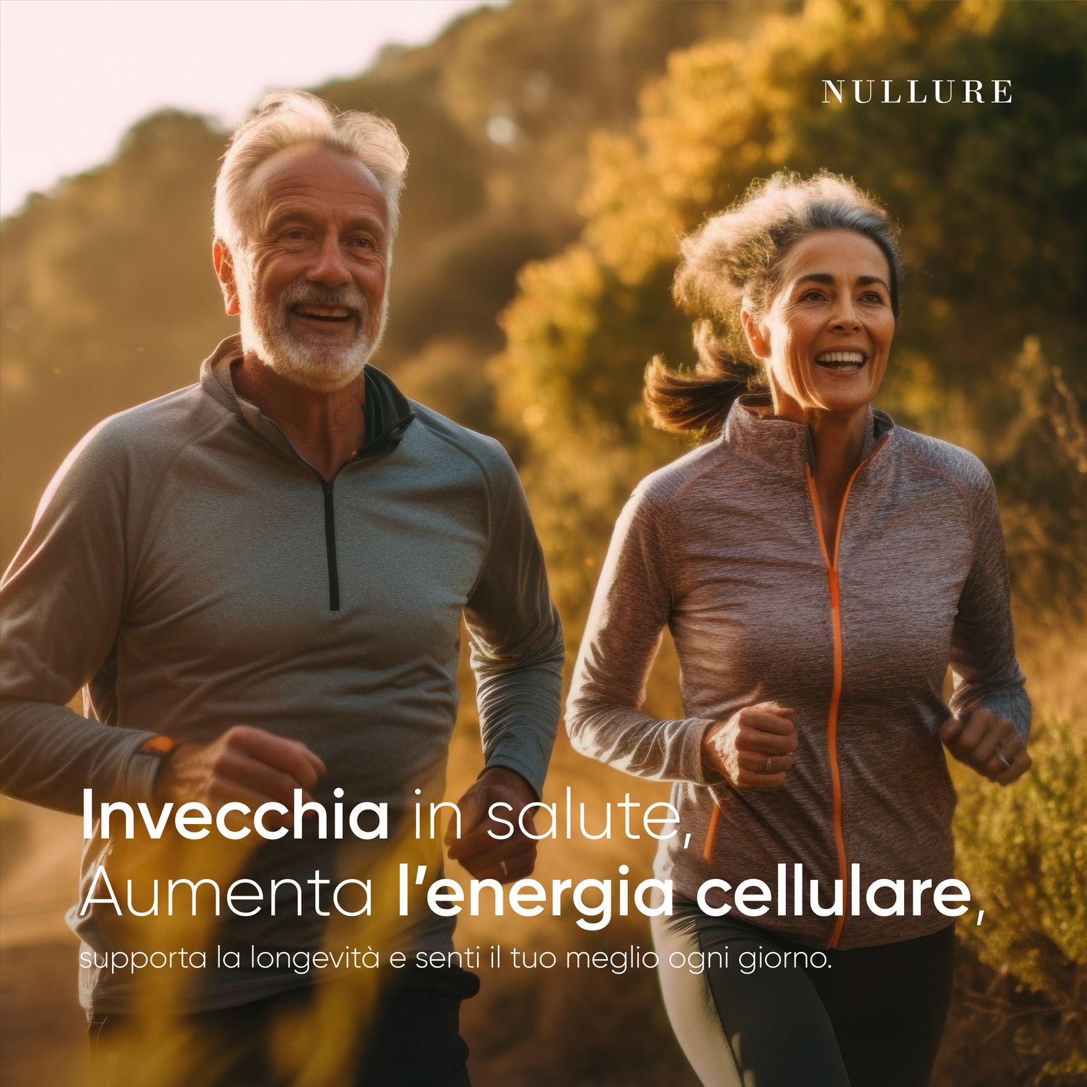 Ouder echtpaar aan het joggen in de buitenlucht, tekst over gezondheid en levensduur.