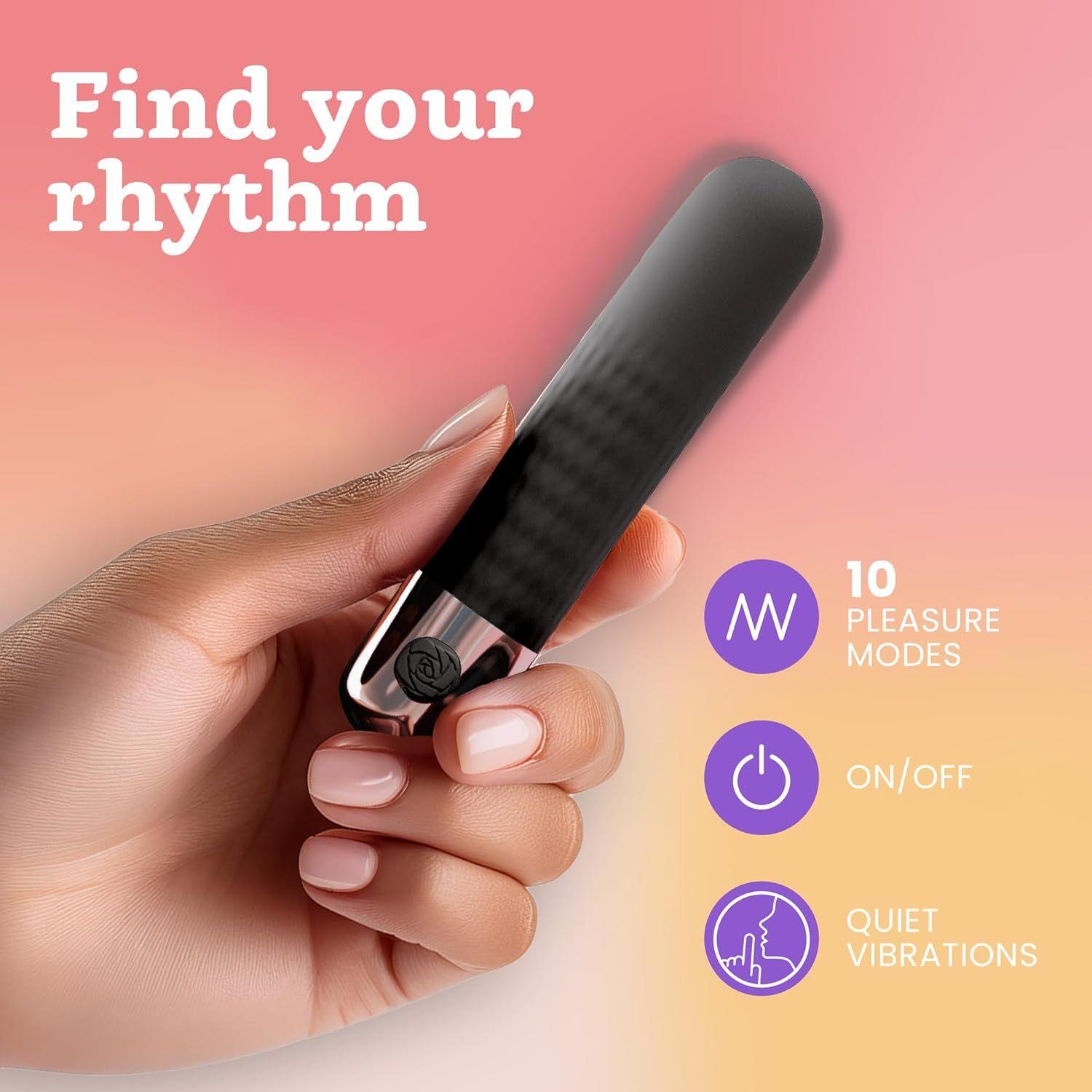 Zwarte Bullet Vibrator in een hand. 10 vibratiestanden, aan/uit-knop, stille vibraties.