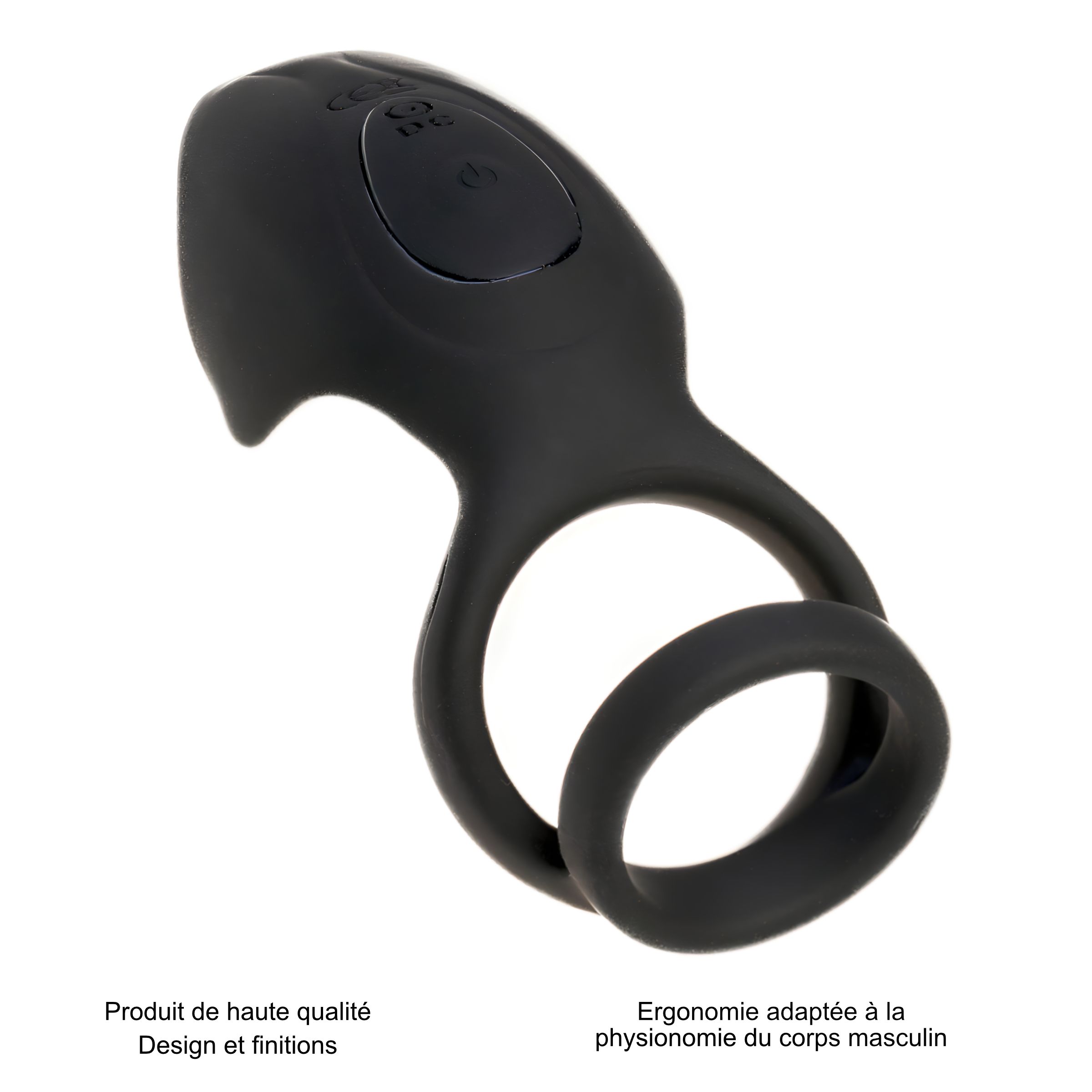 Produit noir en forme d'anneau. Inscriptions: Produit de haute qualité, design et finitions, ergonomie adaptée à la physiologie masculine.
