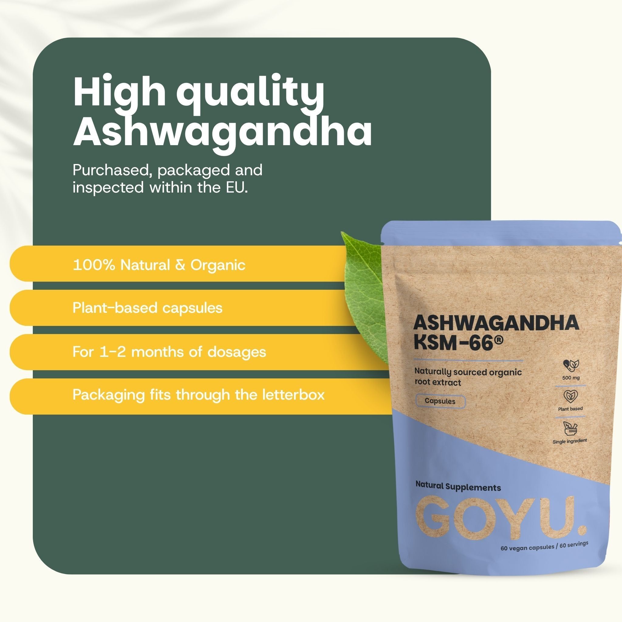 Ashwagandha KSM-66 de haute qualité, acheté, emballé, inspecté dans l'UE.