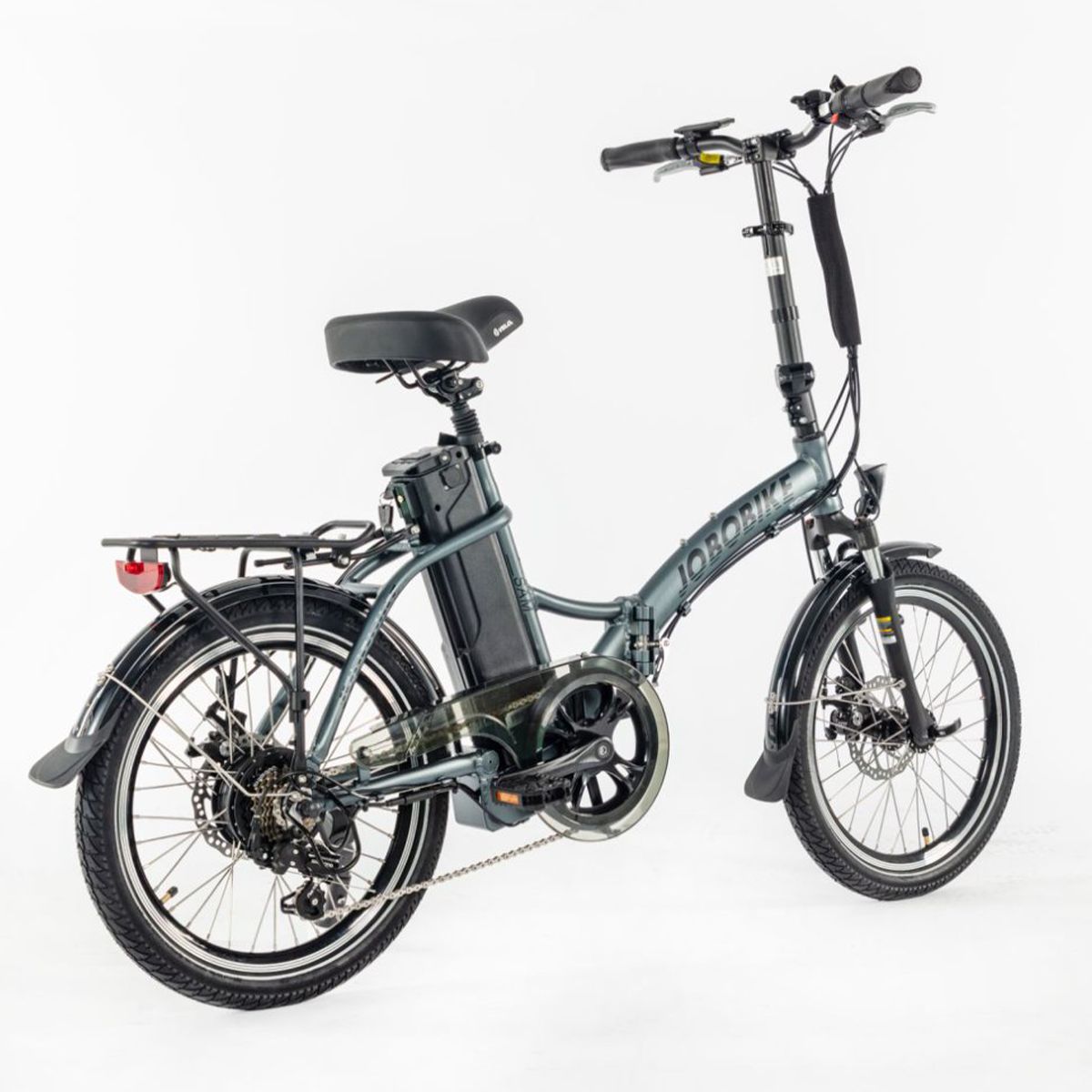 Vélo électrique JOBOBIKE SAM gris, avec selle noire, porte-bagages et batterie. Vue latérale.