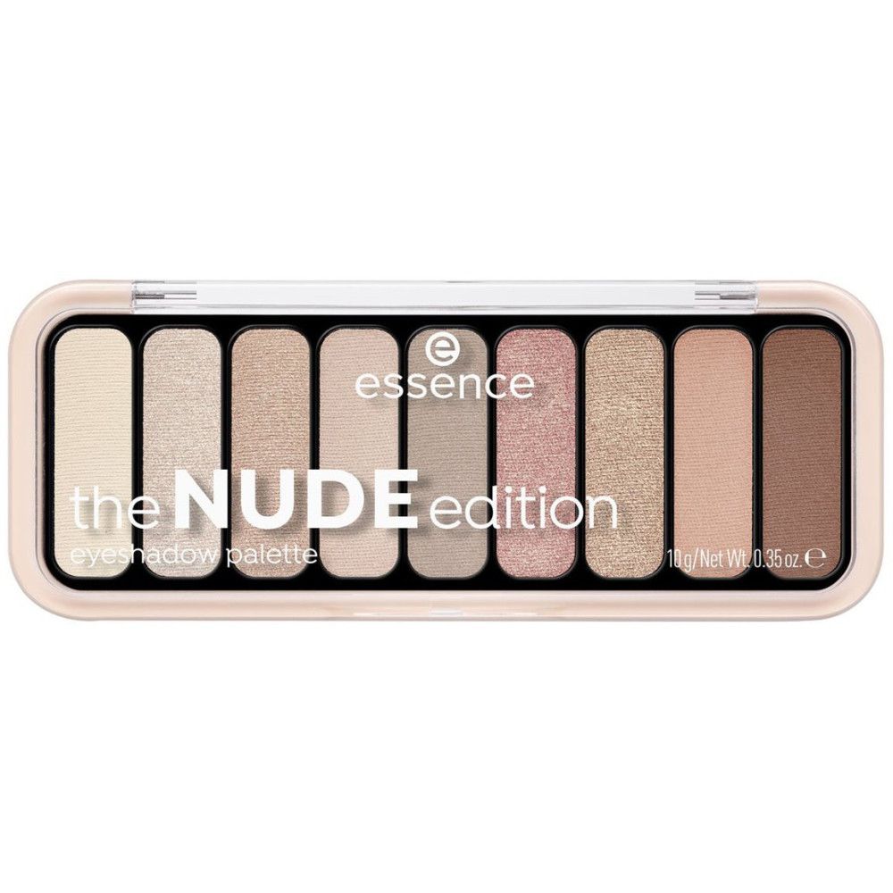 Palette de fards à paupières "The Nude Edition" Essence. Palette rectangulaire avec 10 teintes nude. Emballage rose clair avec couvercle transparent.