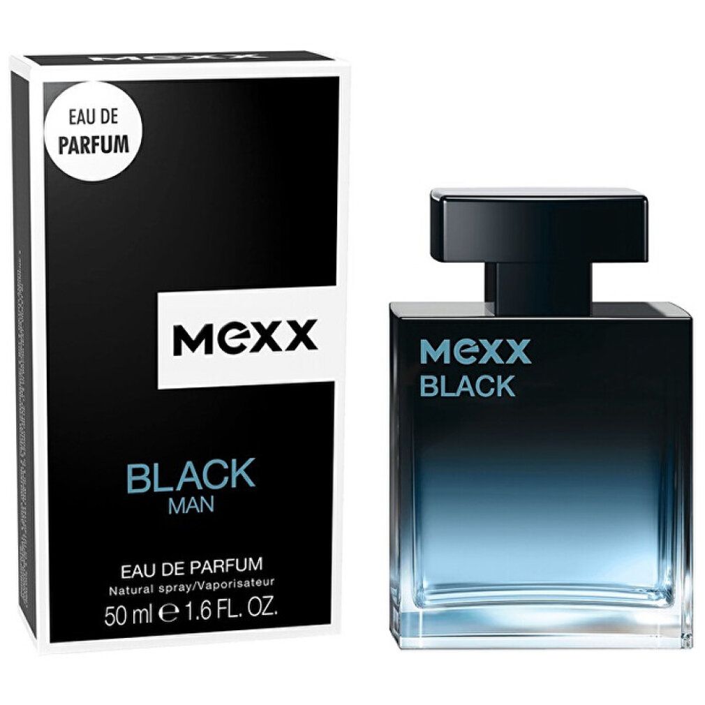 Zwarte fles met zwarte dop. Opschrift: Mexx Black Man Eau de Parfum. Verpakking met logo en productnaam.