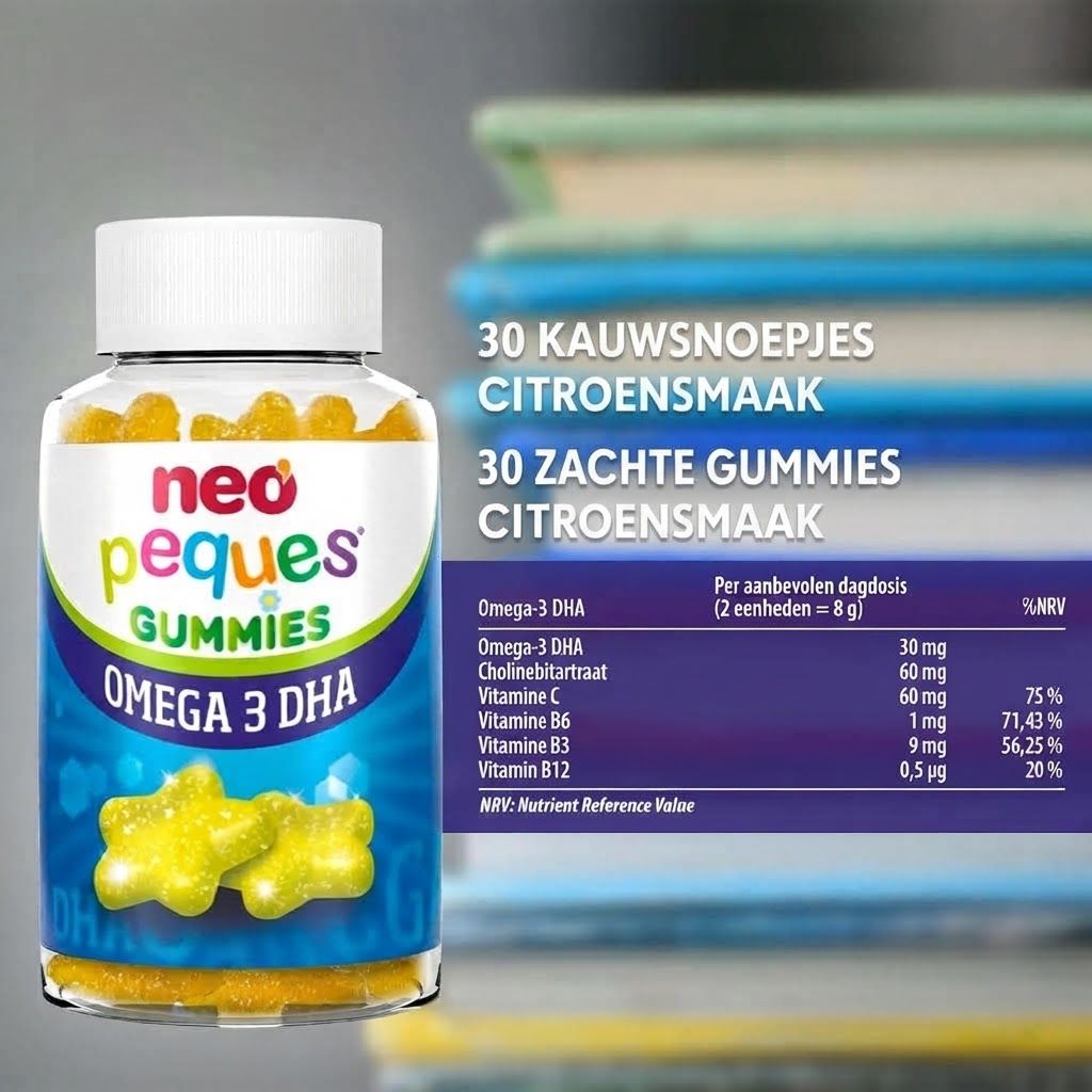 Fles Neo Peques Omega 3 DHA Gummies, 30 kauwsnoepjes, citroensmaak, voedingswaarde.