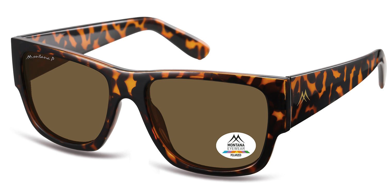 Lunettes de soleil marron et motif écaille de tortue. Logo Montana Eyewear et autocollant polarisé.