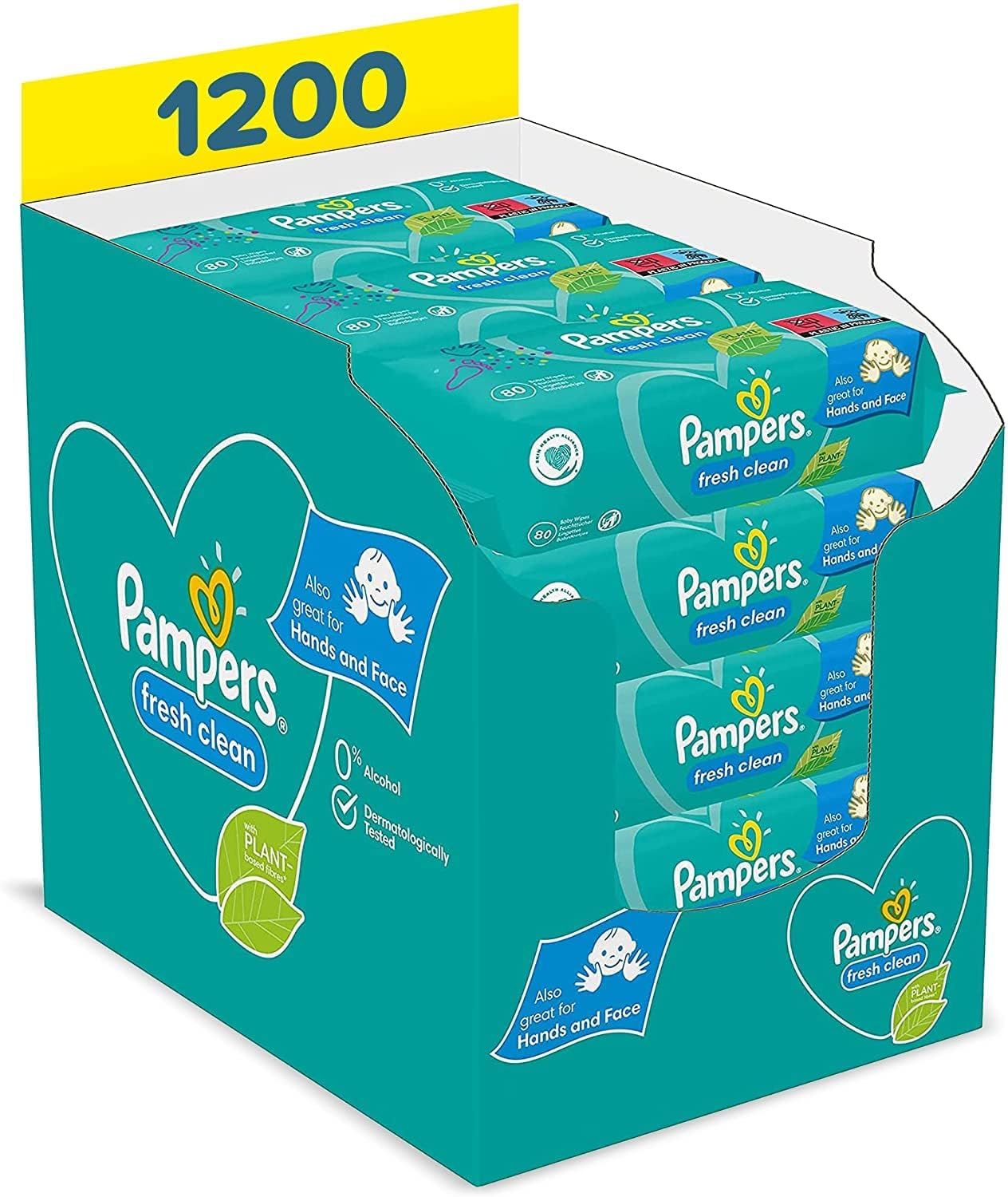 Présentoir de lingettes Pampers Fresh Clean. Inscription "1200". Boîte turquoise avec paquets de produit. Logo et texte "Pampers fresh clean".
