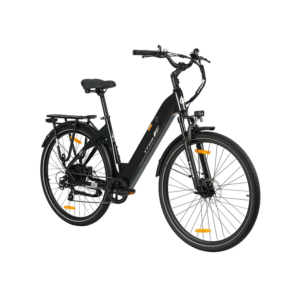 Vélo électrique noir avec porte-bagages, garde-boue et éclairage. TTGO C3 SE.