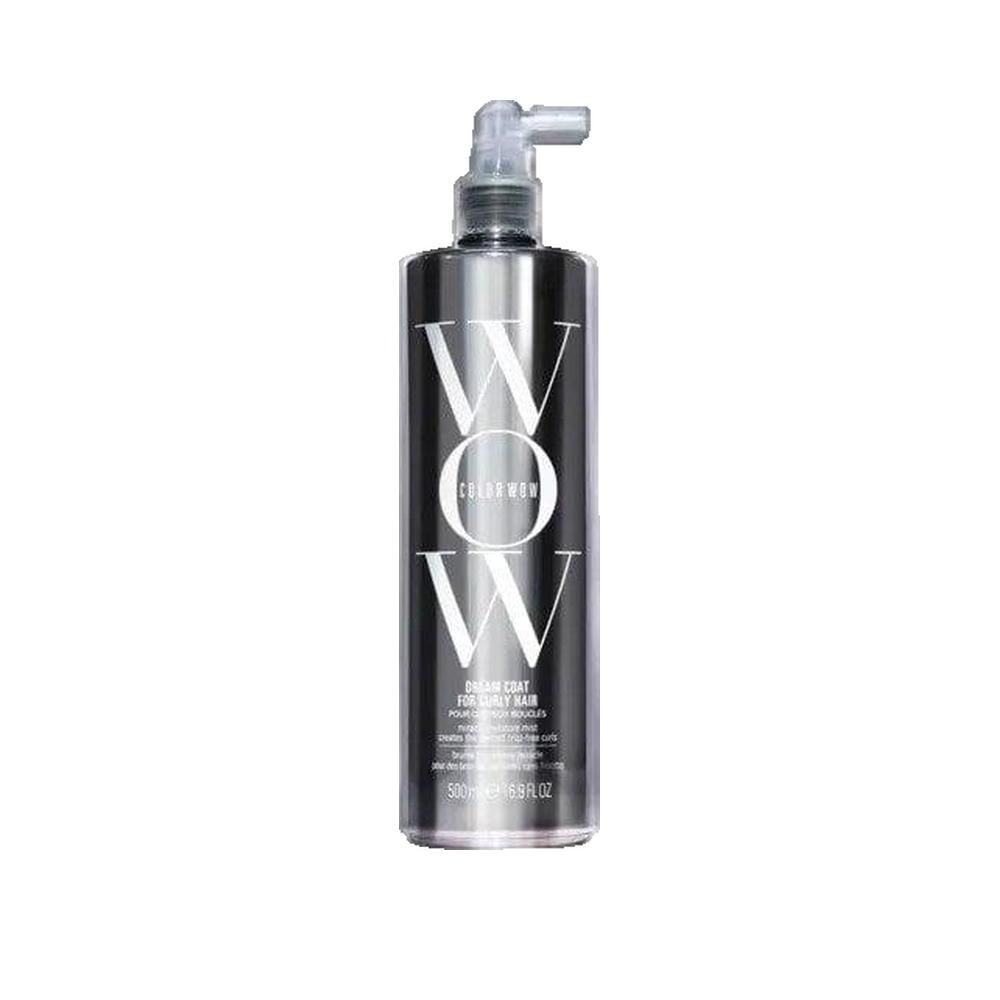 Zilveren fles met spraykop. Groot wit "WOW" logo. Tekst: Dream Coat for Curly Hair. 500ml.