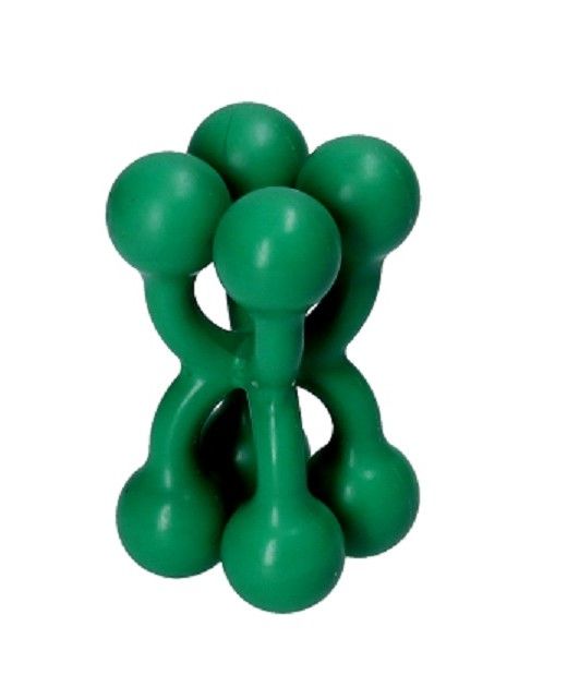 Appareil de massage vert avec quatre extrémités sphériques reliées par des tiges incurvées. Sur fond blanc.