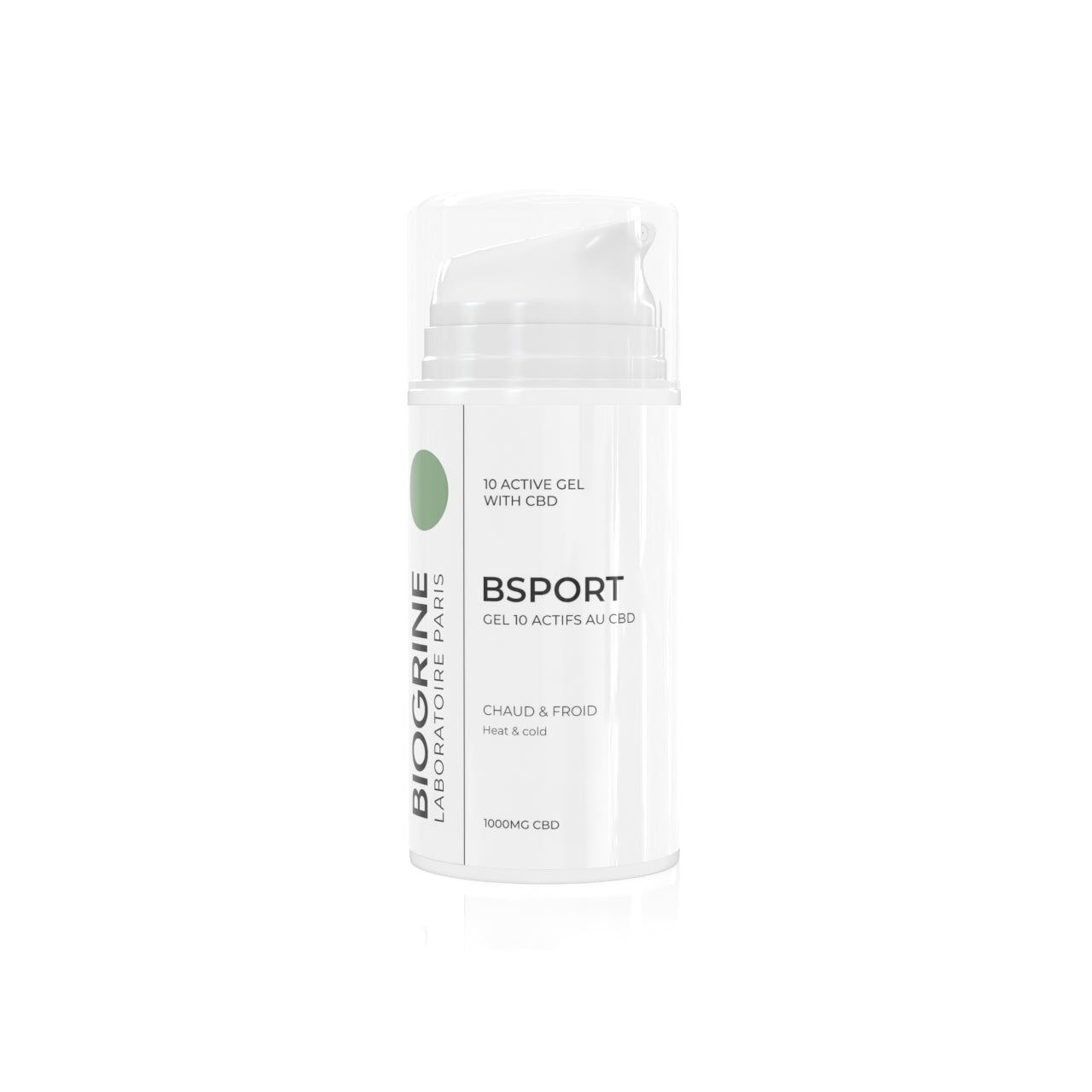 BIOGRINE BSPORT gel met CBD. Witte fles, groene cirkel. Tekst: BSPORT, Gel 10 actifs au CBD, Chaud et froid.