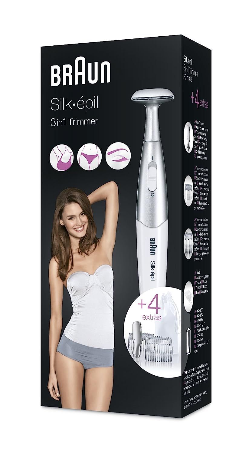 Verpakking van de Braun Silk-épil 3-in-1 trimmer. Vrouw met witte top en grijze slip.