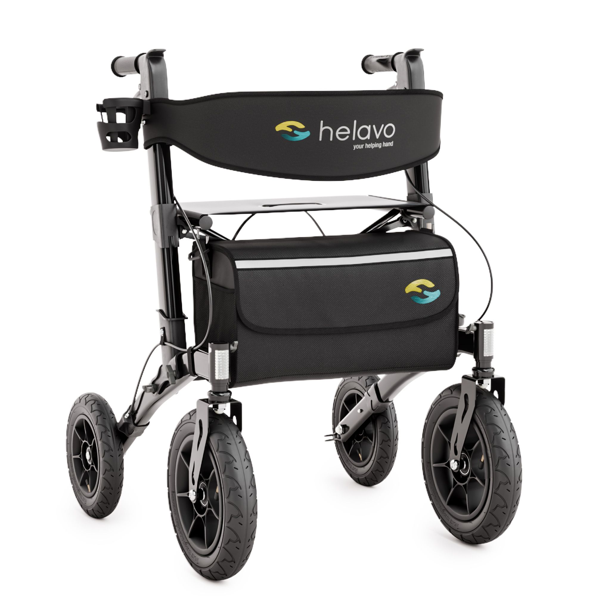 Rollator pliable noir avec siège, dossier, sac et porte-gobelet.