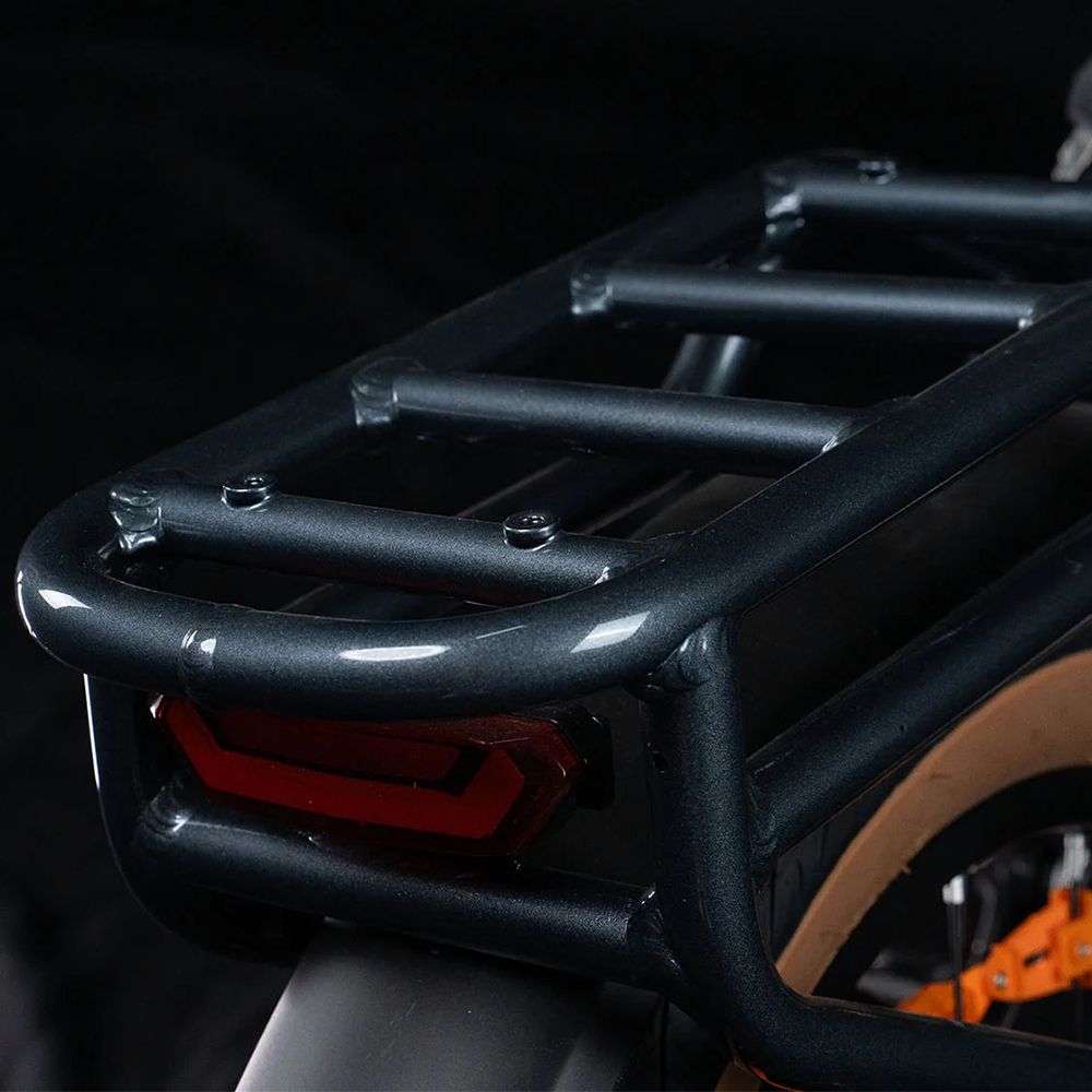 Bagagedrager en achterlicht van een e-bike. Achterlicht rood, rechthoekig.