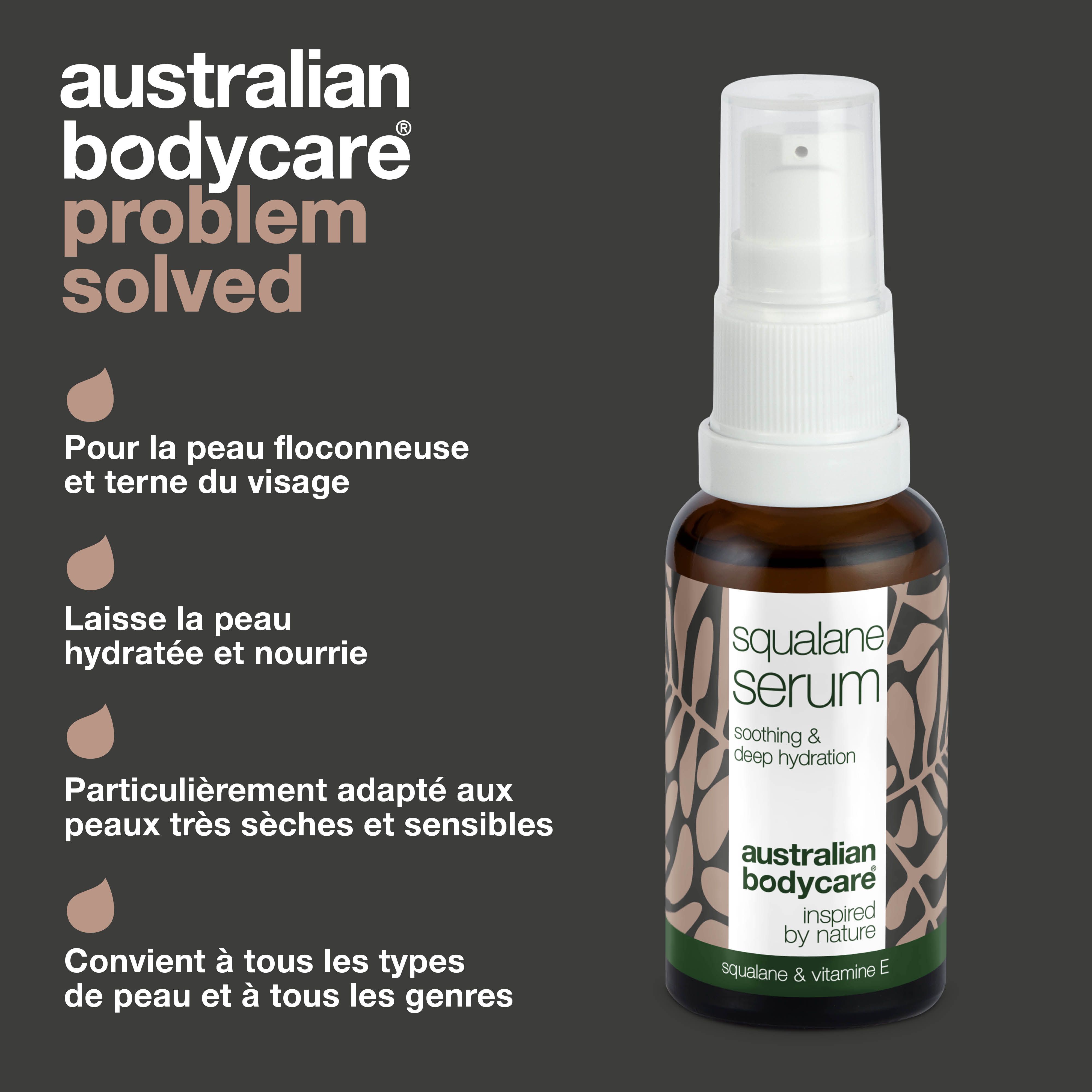 Flacon de sérum. Texte : Pour la peau, hydratée, nourrie, pour tous types de peau. Australian Bodycare.