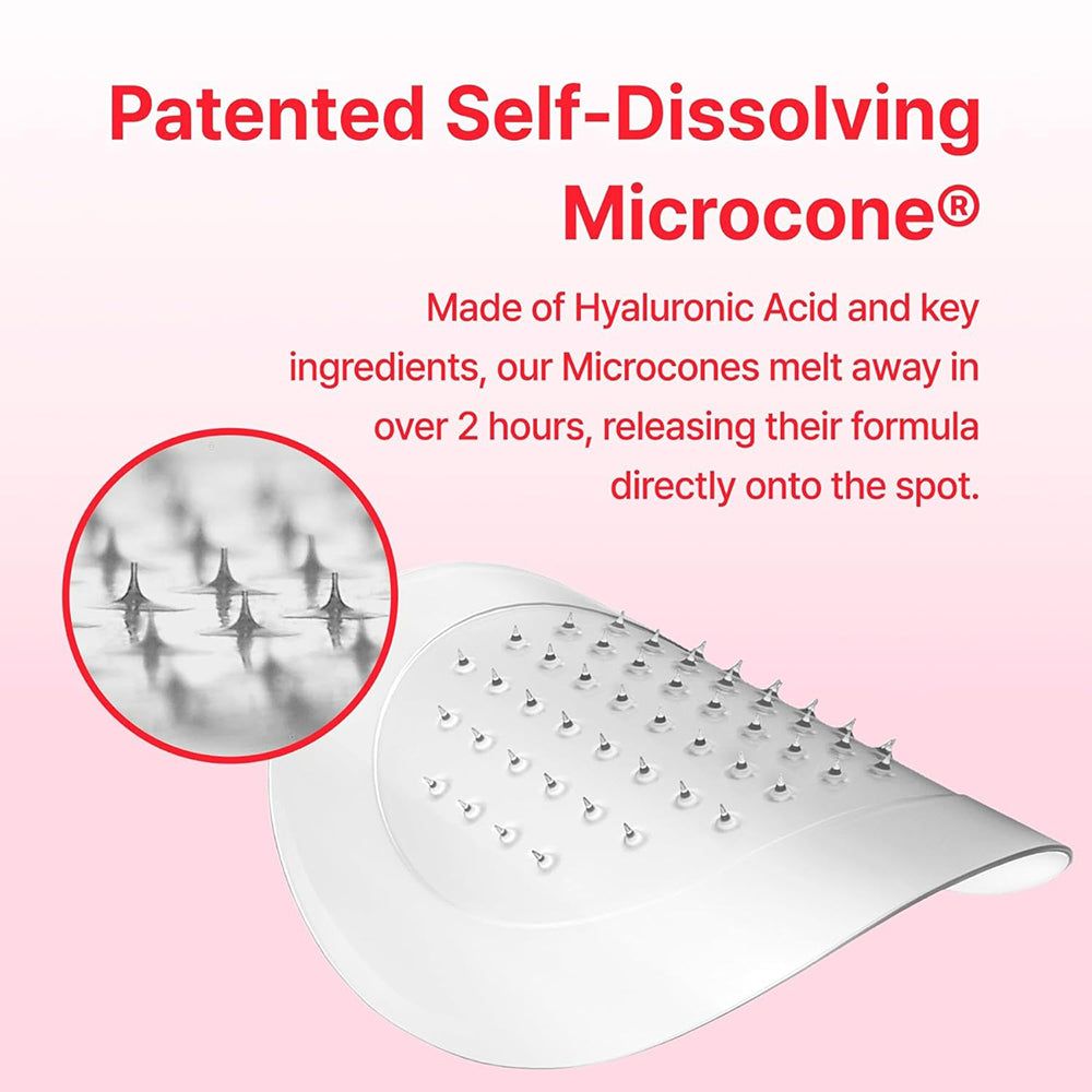 Close-up van een witte patch met microkegels. Tekst: Patented Self-Dissolving Microcone®. Gemaakt van hyaluronzuur en ingrediënten.
