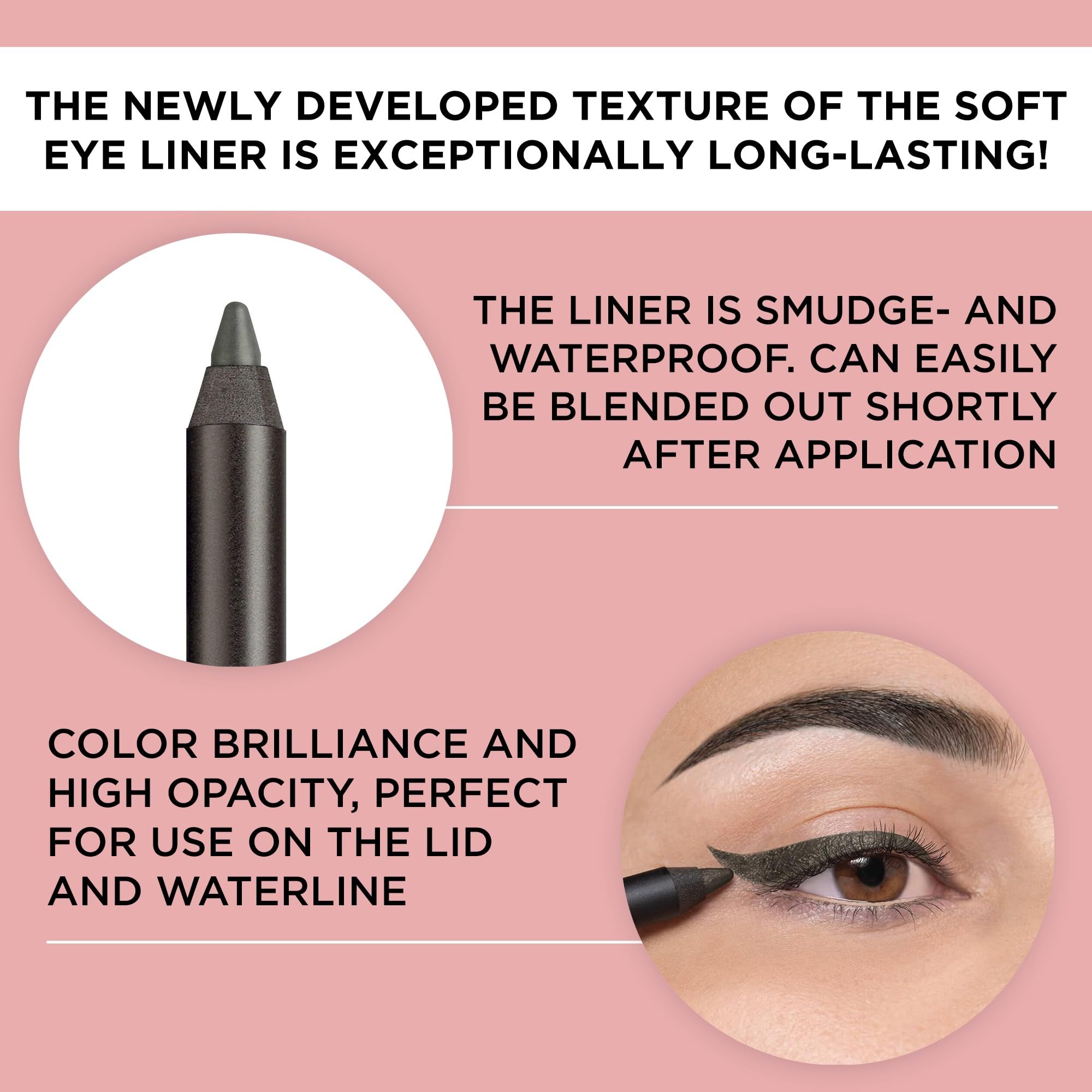 Crayon Artdeco Soft Eye Liner Waterproof gris. Texte: Nouvelle texture, résistant au maculage, résistant à l'eau, haute opacité, pour paupières et ligne d'eau.