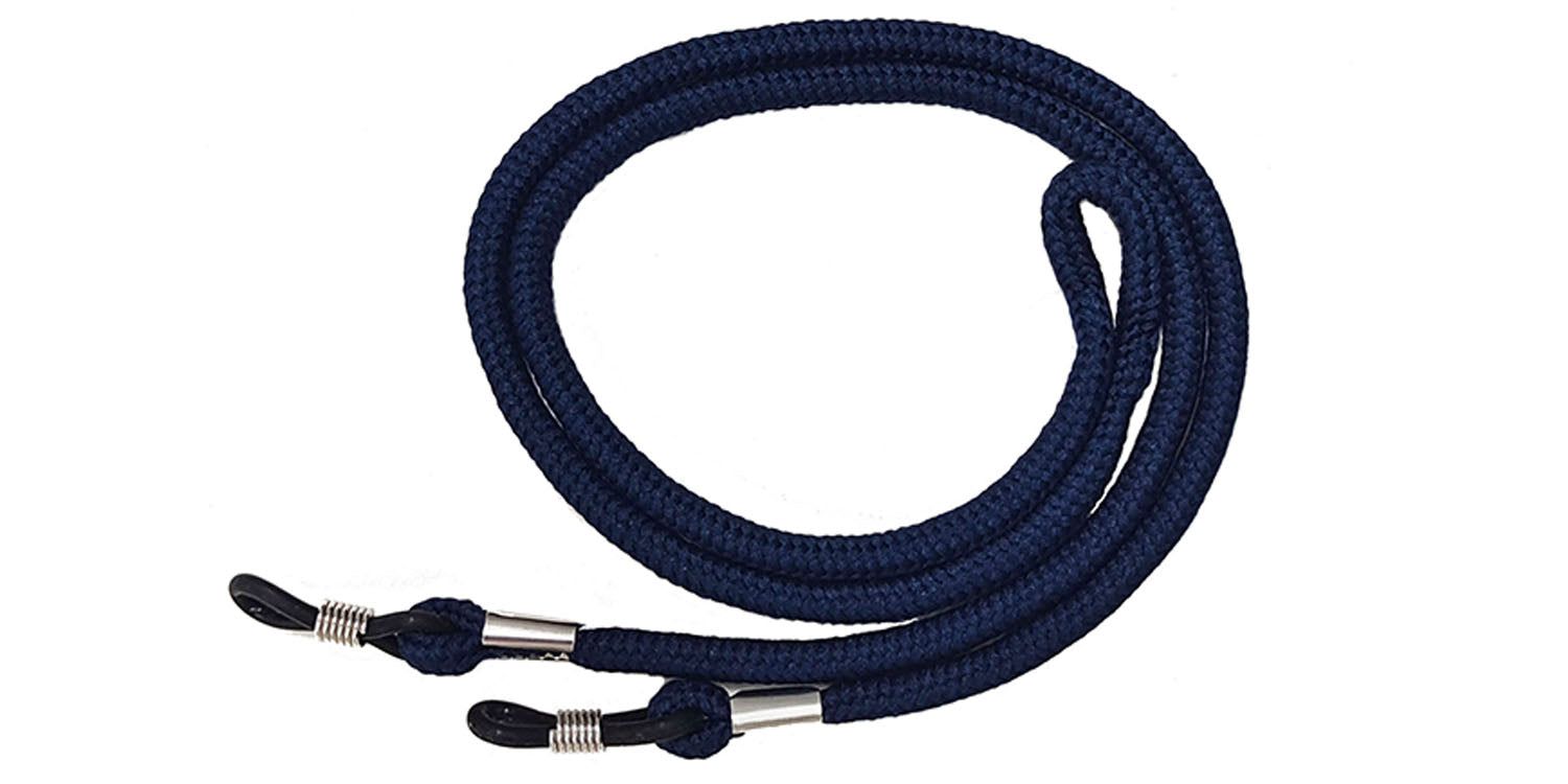 Cordon de lunettes bleu foncé. Cordon textile tressé rond avec extrémités métalliques et boucles pour lunettes.