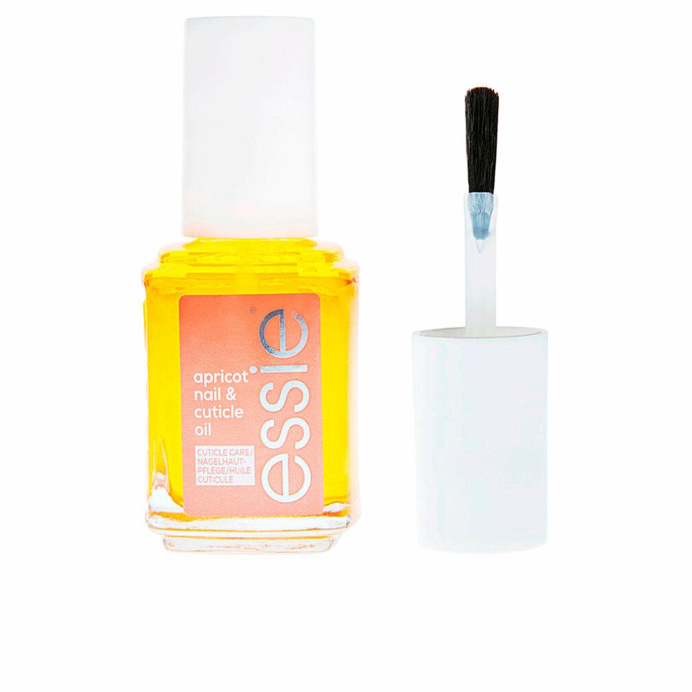 Flacon en verre avec liquide jaune, bouchon blanc et pinceau. Étiquette : apricot nail & cuticle oil, essie.