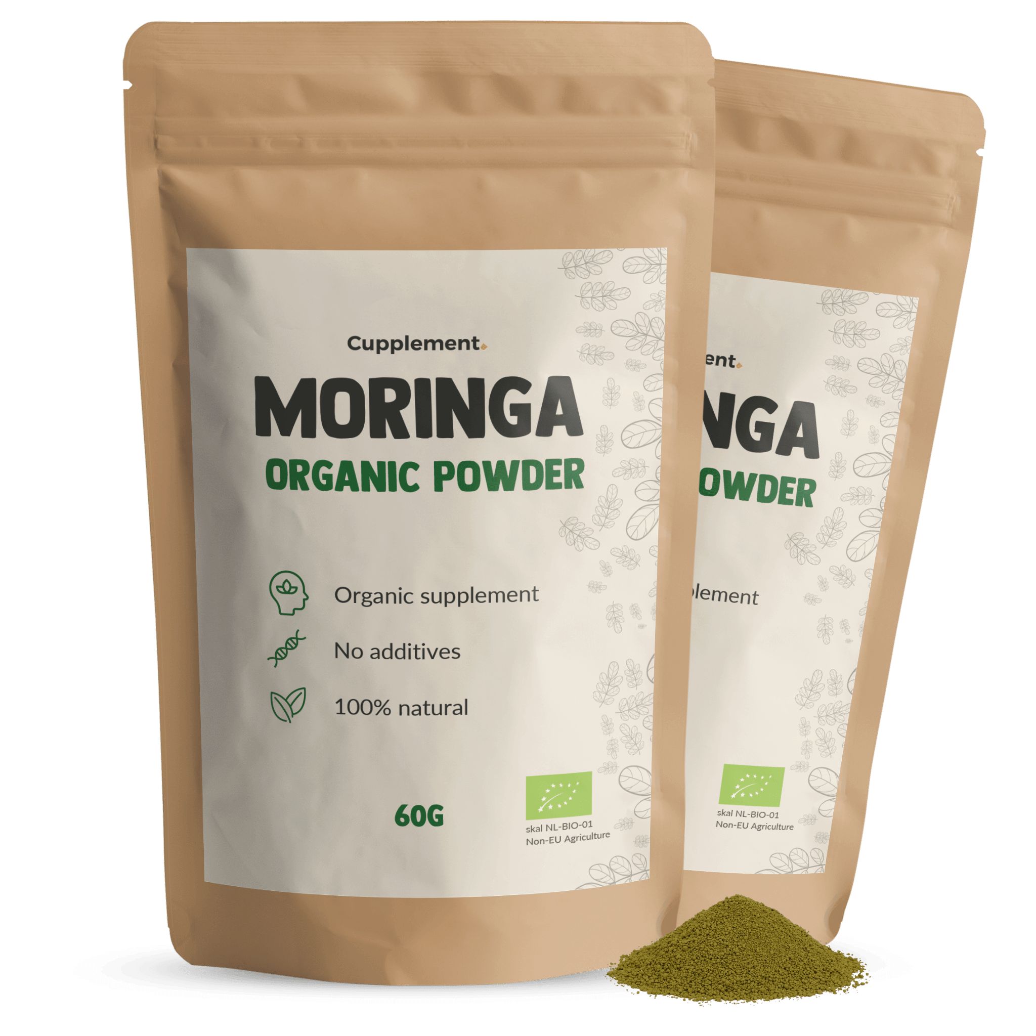 Twee zakjes Cupplement Moringa BIO. Opschrift: Moringa Organic Powder, 60g. Keurmerk: EU-bio-logo.