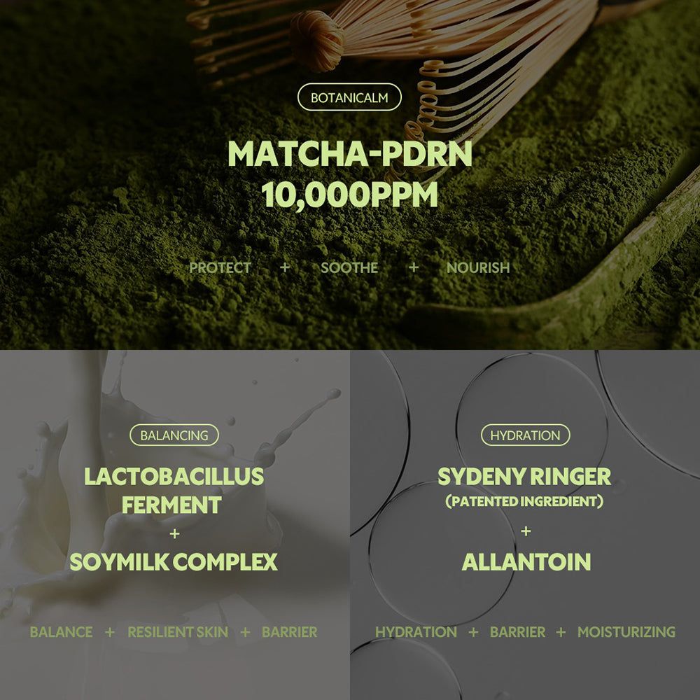Deux encadrés de texte listant des ingrédients : Lactobacillus Ferment, Complexe de lait de soja, Sydeny Ringer, Allantoïne. Matcha-PDRN 10 000 PPM.