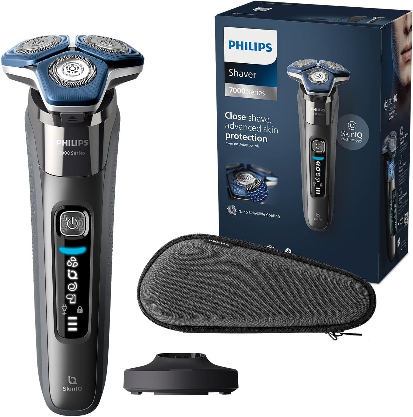 Rasoir électrique avec accessoires : station de charge, étui et emballage. Corps noir, têtes de rasage bleues. Philips Shaver 7000 Series.